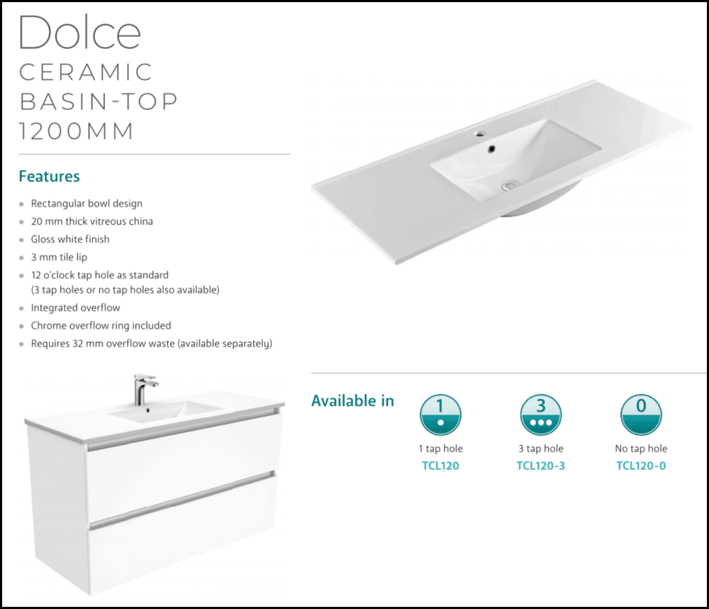 Fienza Dolce 1200mm Wall Mounted Bathroom Vanity with Finger Pull - Satin White Finish | Modern Space-Saving Design for Small Bathrooms & Powder Rooms