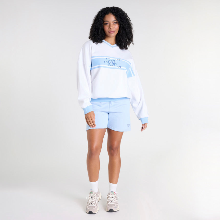 RBK World V-Neck Crew T-Shirt - White & Y2K Blue | Vintage Y2K Style Tee for Women & Men | Casual Wear, Street Fashion, Retro Outfits