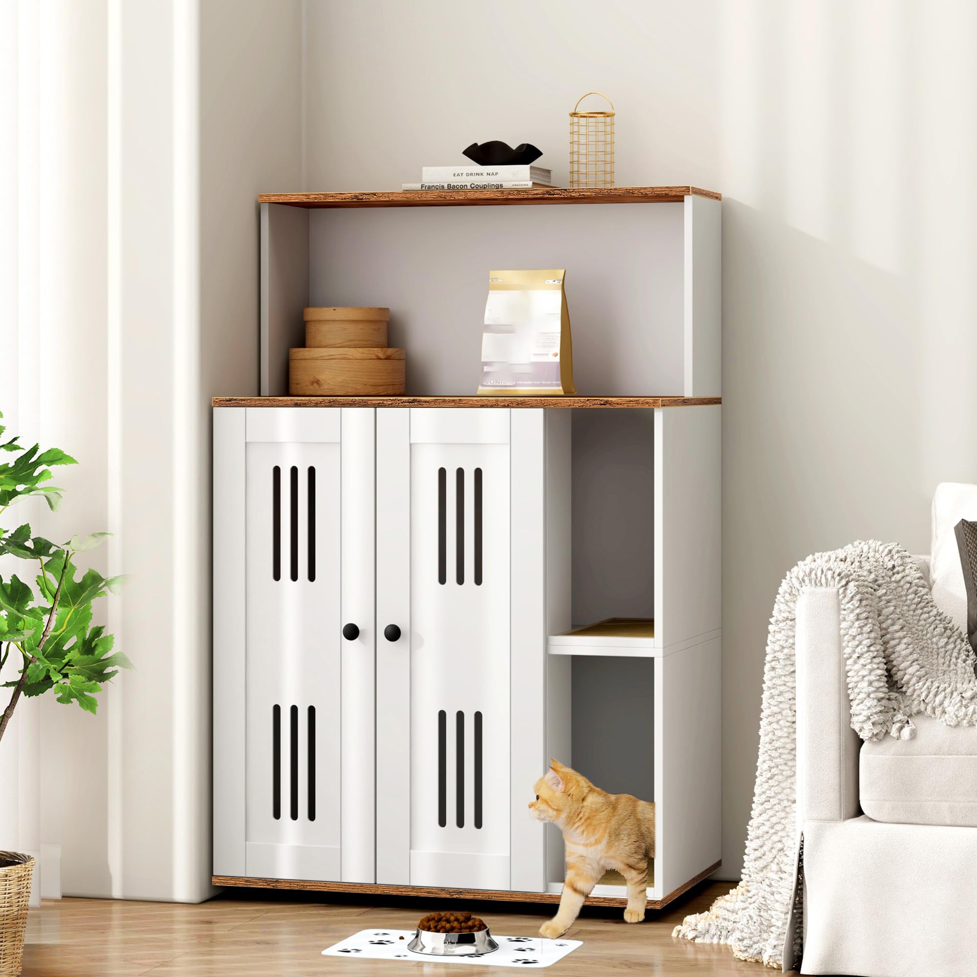 Rovibek Double Cat Litter Box Enclosure Furniture with Storage & Scratch Mat - Hidden Litter Cabinet for 2 Cats, Fits Most Litter Boxes, White - Perfect for Small Spaces & Multi-Cat Homes