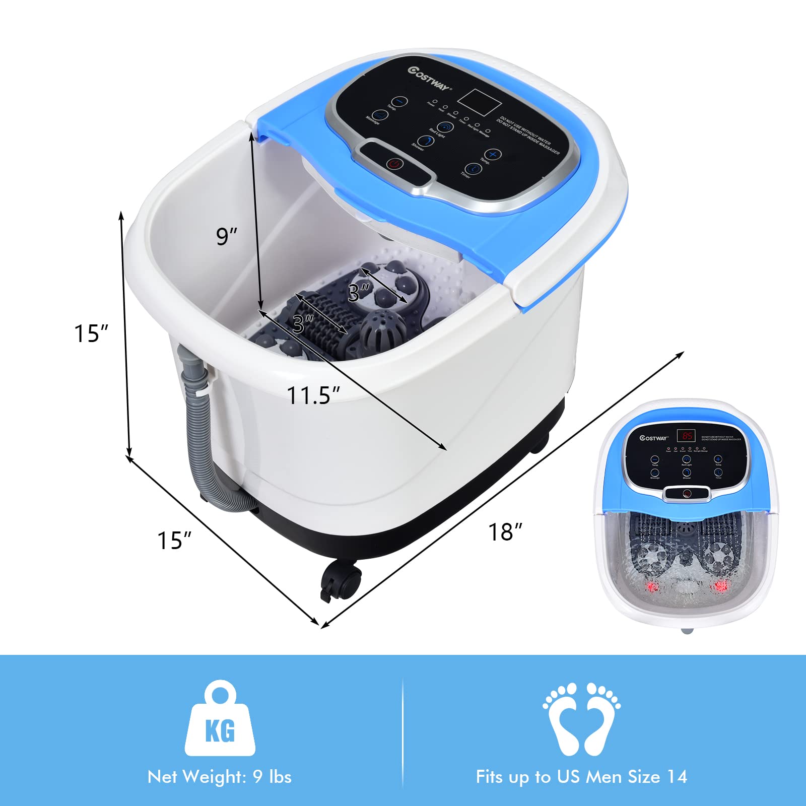 COSTWAY Electric Foot Spa Massager with Motorized Rollers, Shiatsu Massage, Heating, Red Light Therapy & Temperature Control - Portable Foot Bath with Timer, LED Display & Drain Hose for Relaxation - Perfect for Home Spa, Post-Workout Recovery & Gift Giving (Blue)