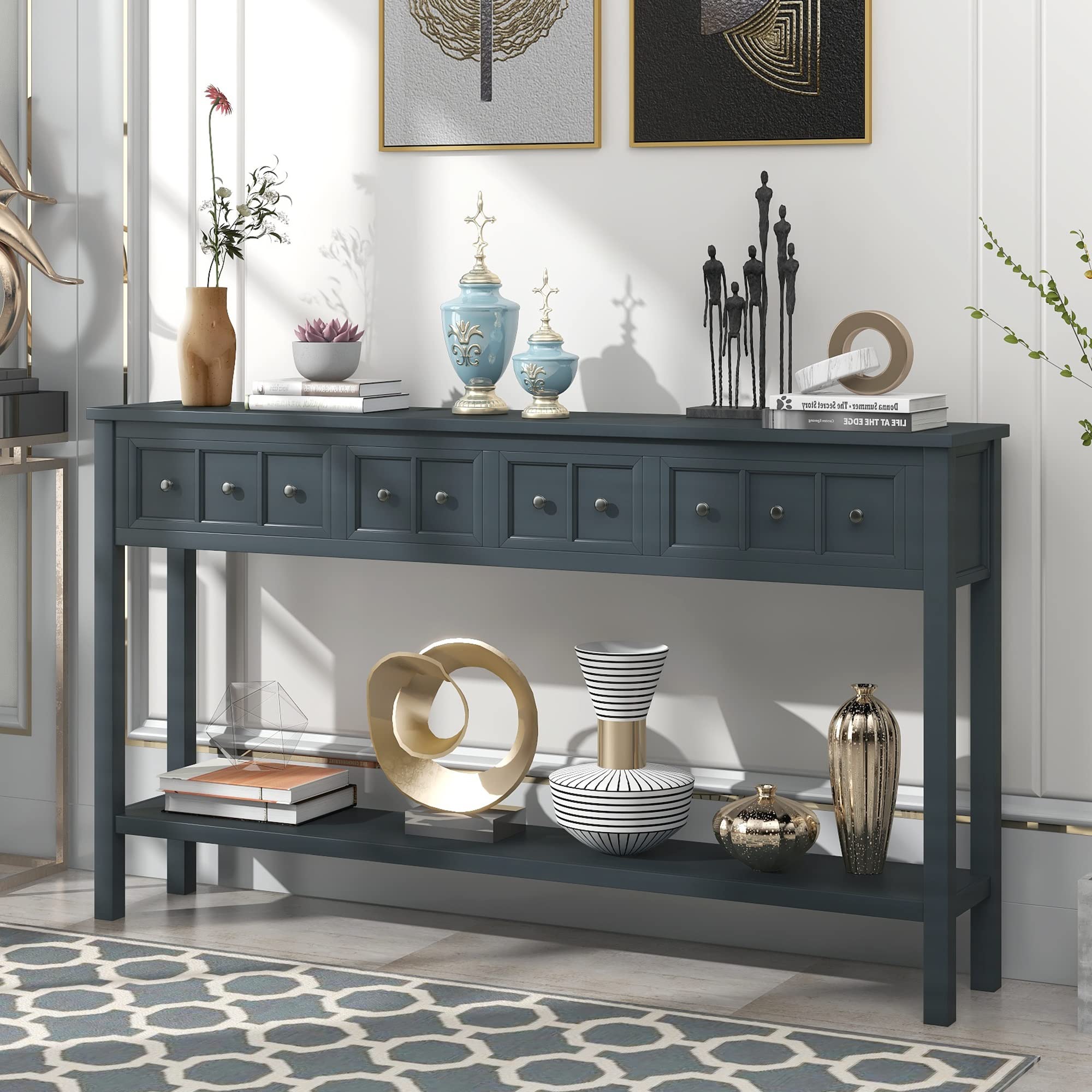 Merax 60 Inch Long Navy Console Table with 2 Storage Drawers & Bottom Shelf - Entryway Sofa Table, Hallway Sideboard for Living Room, Bedroom - 60.03