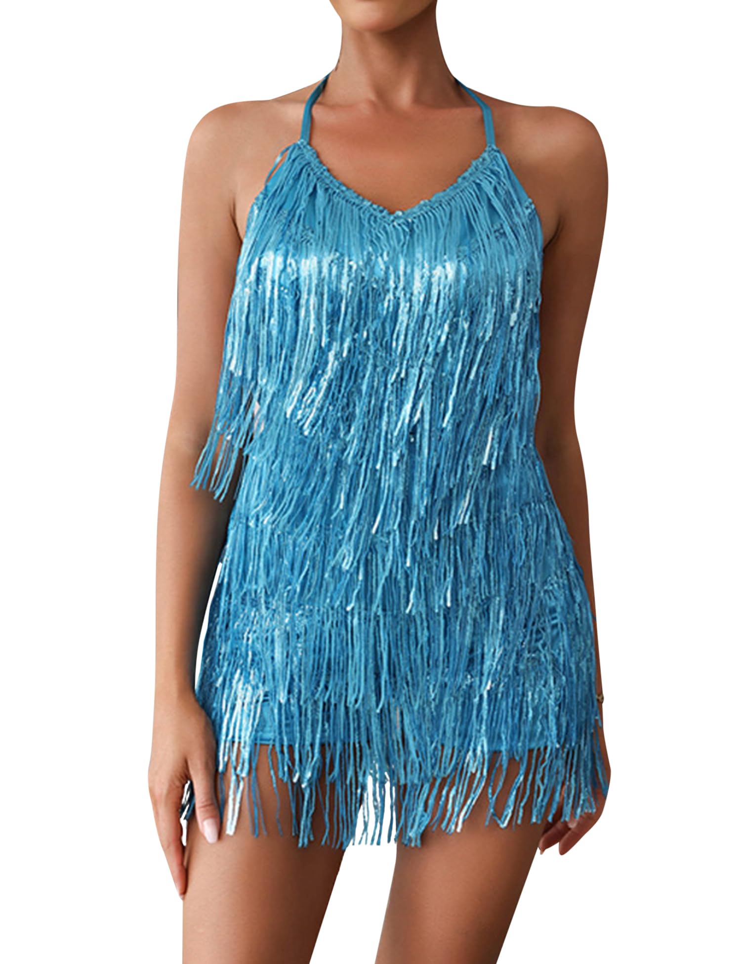 1920s Gatsby Flapper Dress - Backless Lace-up Cocktail Party Dress with Fringe & Feather Details | Vintage-Inspired Mini Dress for Roaring 20s Theme Parties, Prom Nights & Speakeasy Events