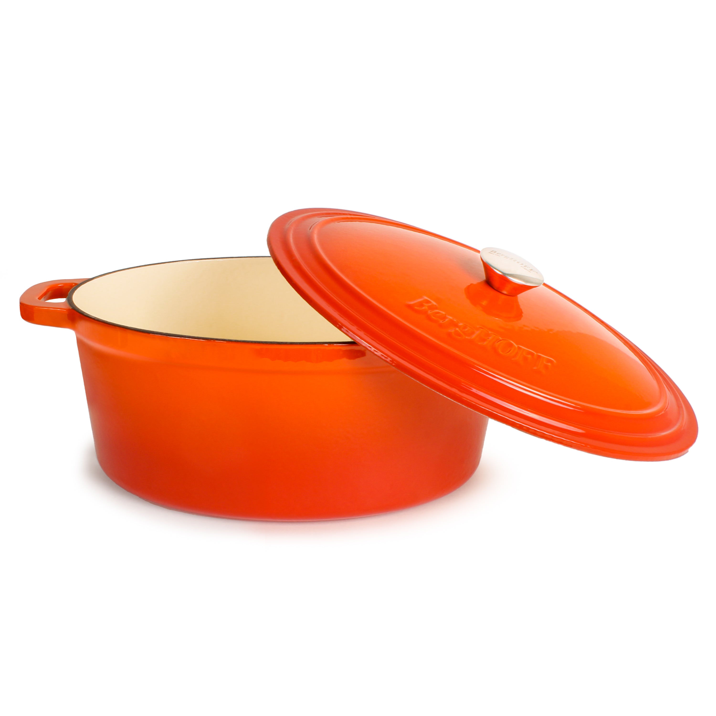 BergHOFF Neo 5-Piece Cast Iron Dutch Oven Set with 10-Inch Fry Pan, 5-Quart & 8-Quart Oval Pots, Orange Enamel Coating - Perfect for Braising, Stewing, Baking & Camping Cooking
