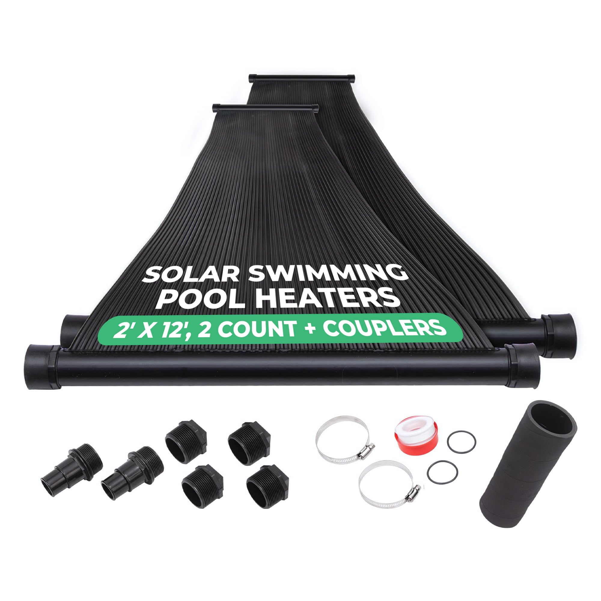 SunQuest Solar Swimming Pool Heater Panels (2' x 12', 2 Pack with Couplers) - High Efficiency Solar Pool Heating System with Max-Flow Design - Perfect for Inground & Above Ground Pools - Extend Swimming Season & Save Energy