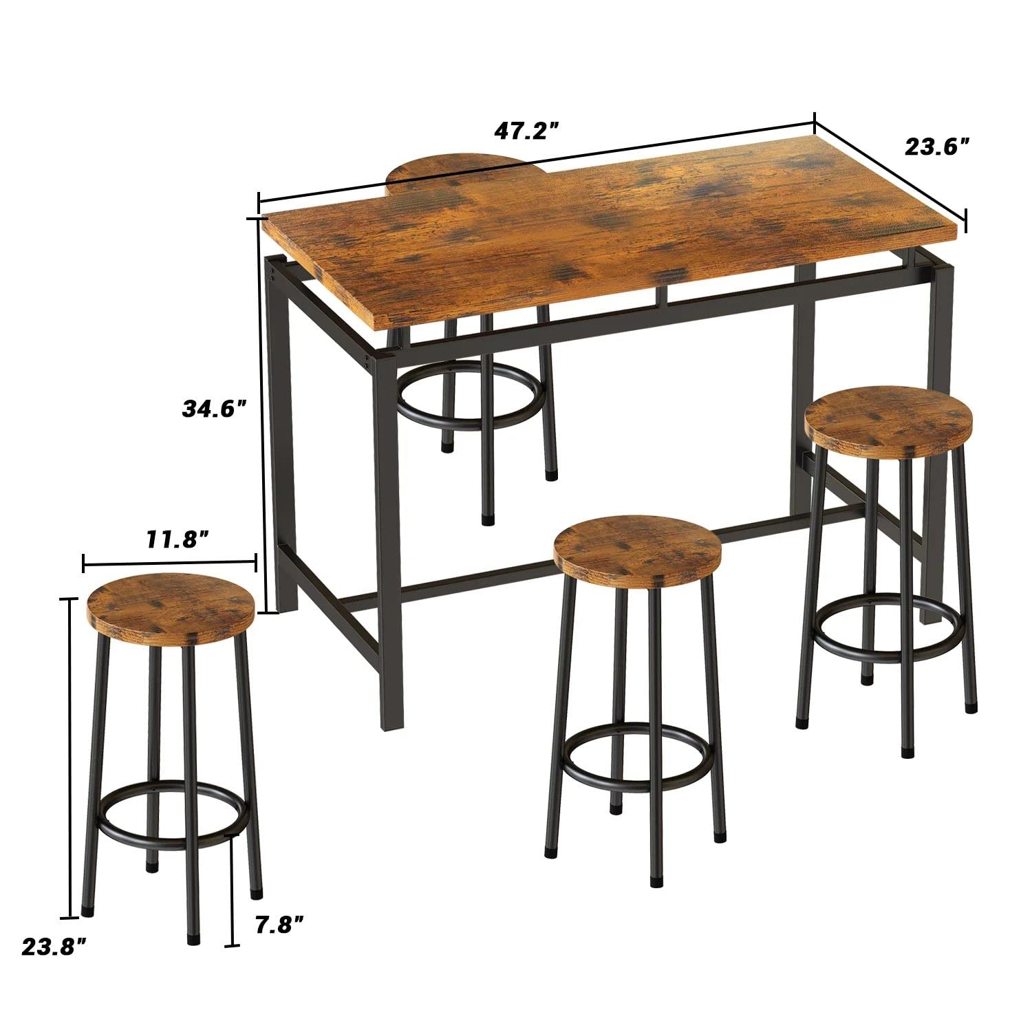 Modern 5-Piece Industrial Bar Height Dining Table Set for 4 - Kitchen & Pub Table with 4 Chairs - Space-Saving Breakfast Nook & Small Apartment Furniture - Perfect for Compact Dining Rooms, Kitchens & Entertainment Areas