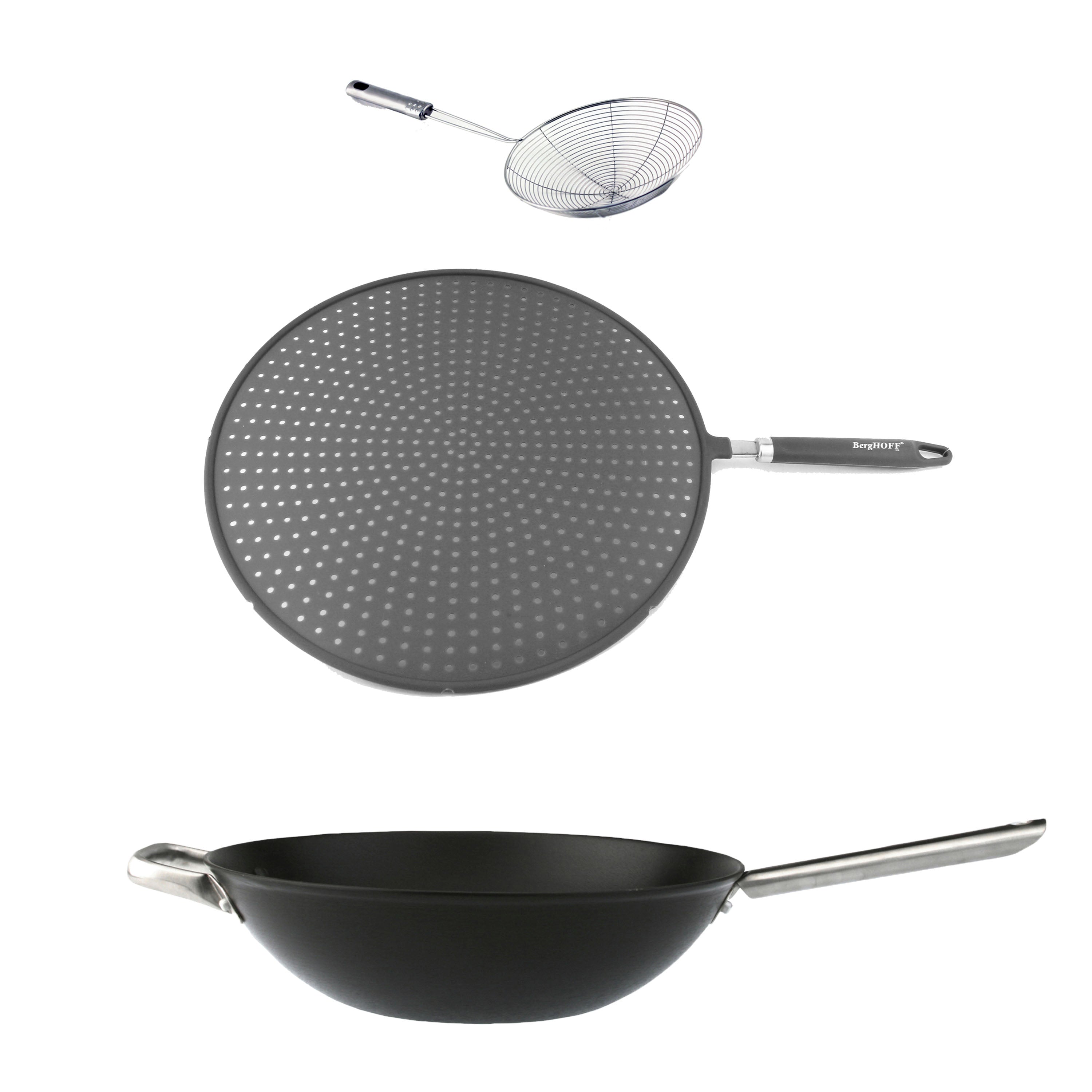 BergHOFF Geminis 3-Piece Non-Stick Spun Cast Aluminum 12-Inch Wok Set with Silicone Screen & Skimmer - Perfect for Stir-Frying, Deep Frying, and Asian Cooking