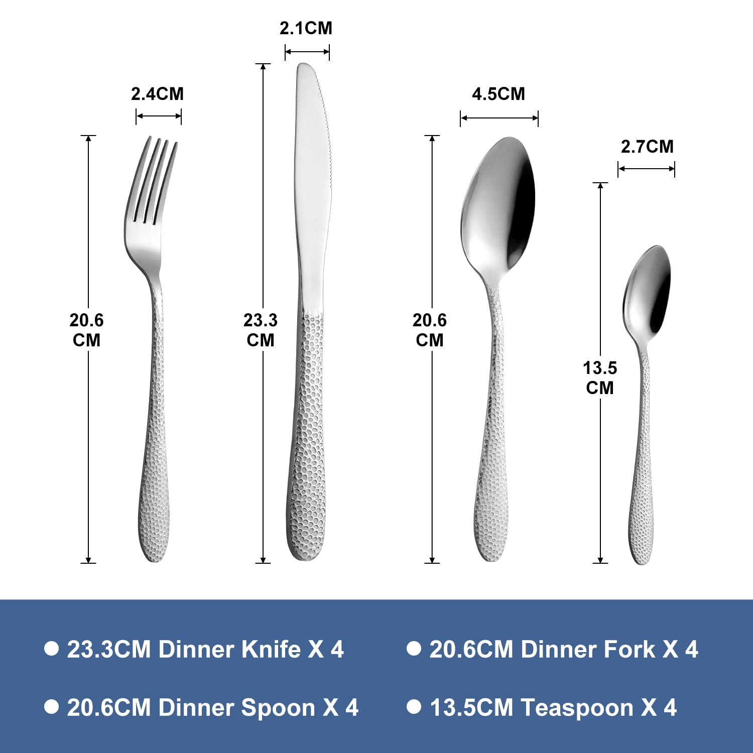 16-Piece Premium Stainless Steel Flatware Set with Hammered Pattern - Knife, Fork & Spoon Set for 4 - Dishwasher Safe Silverware for Dining, Kitchen & Entertaining - Elegant Tableware for Restaurants, Weddings & Dinner Parties