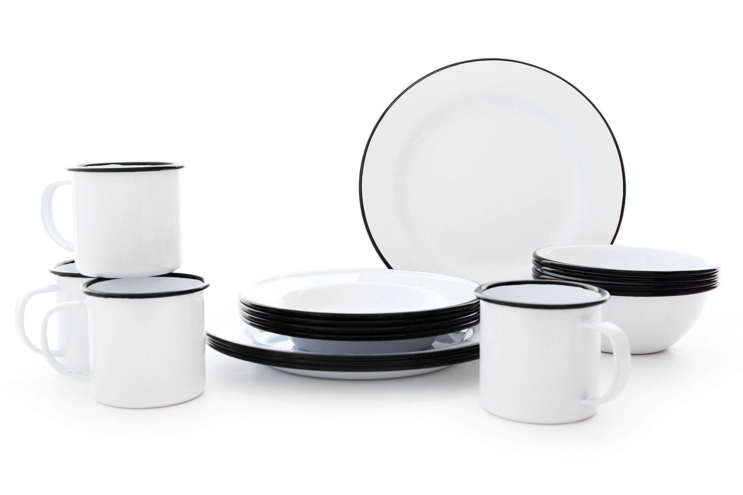 Vintage Enamelware Dinnerware Set - 16-Piece White & Black Kitchen Essentials for Camping, Picnics & Rustic Home Decor