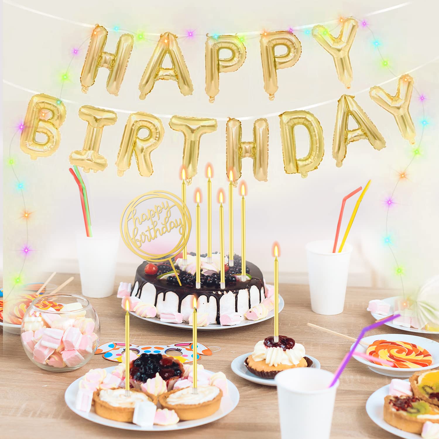 9-Piece Gold Birthday Candles Set - Long Thin Cake Candles with Balloons | Elegant Cake Topper for Birthday & Wedding Decorations | Perfect for Party, Anniversary, and Celebration Cakes