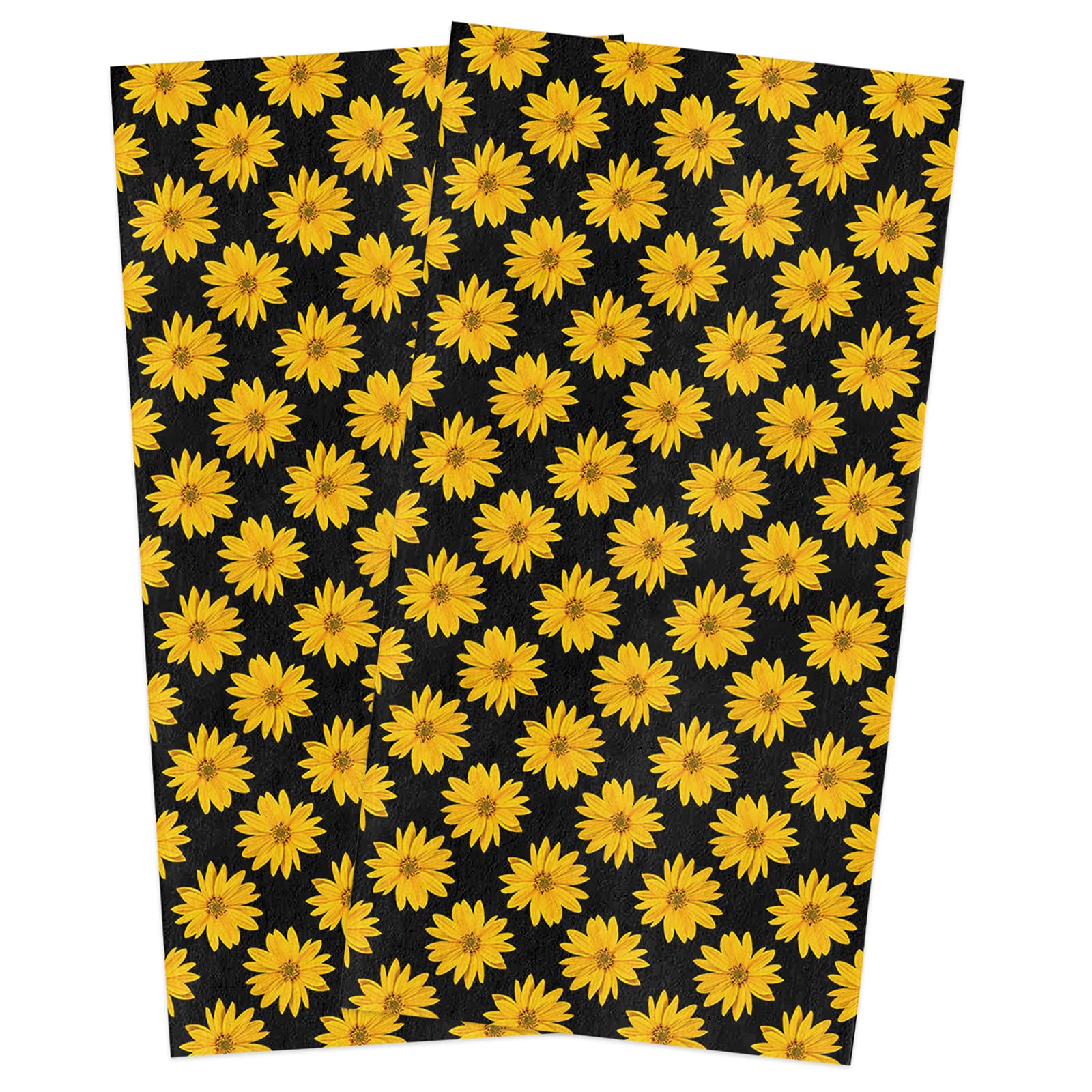 Premium Cotton Kitchen Towels Set of 2 - 18x28 Inch Soft Absorbent Dish Cloths, Tea Towels & Hand Towels with Yellow Daisy Black Background Design - Perfect for Kitchen, Bathroom & Bar Use