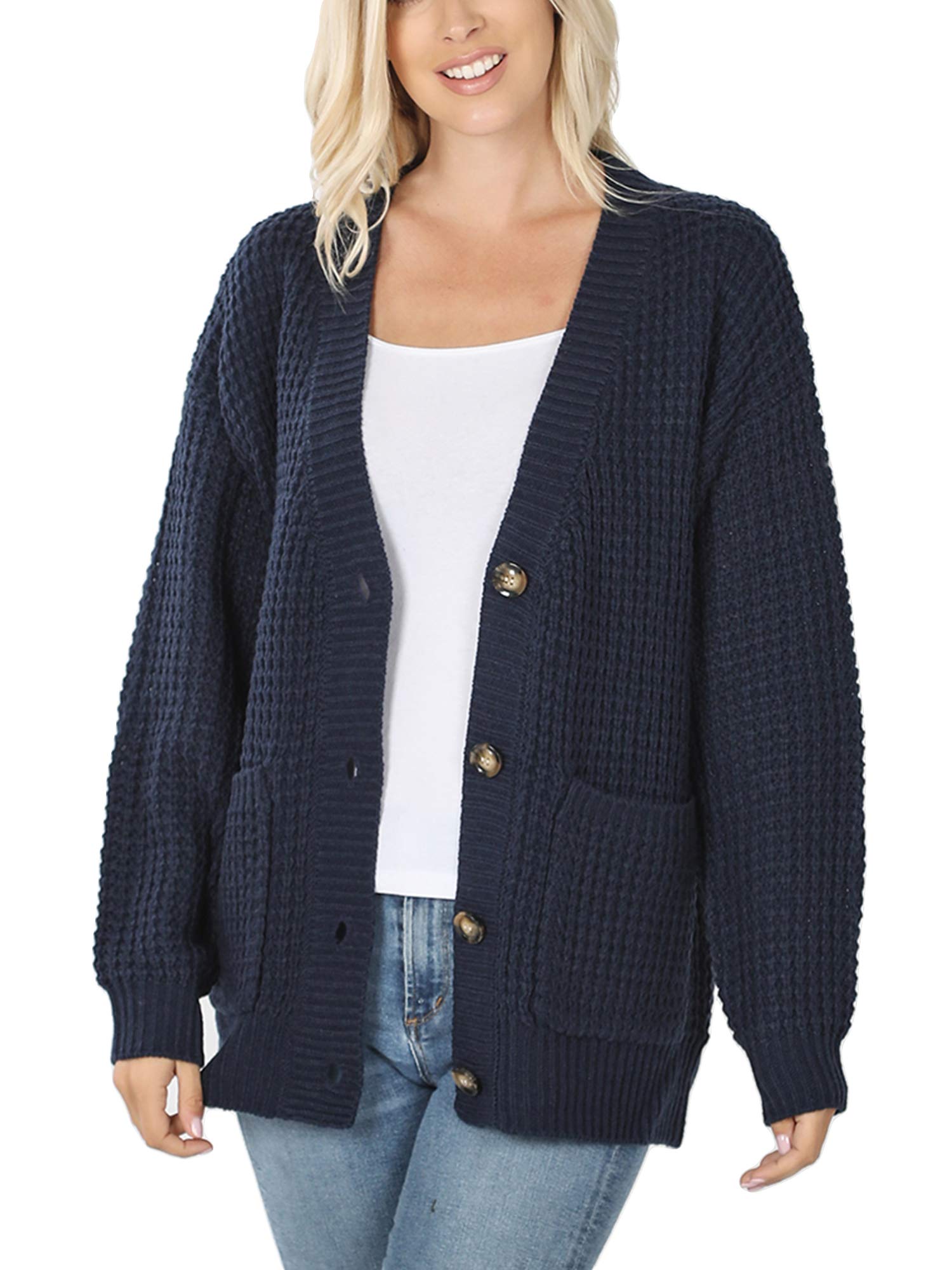KOGMO Women's Waffle Knit Button Front Cardigan with Pockets - Cozy Fall Winter Sweater for Casual Outfits & Layering