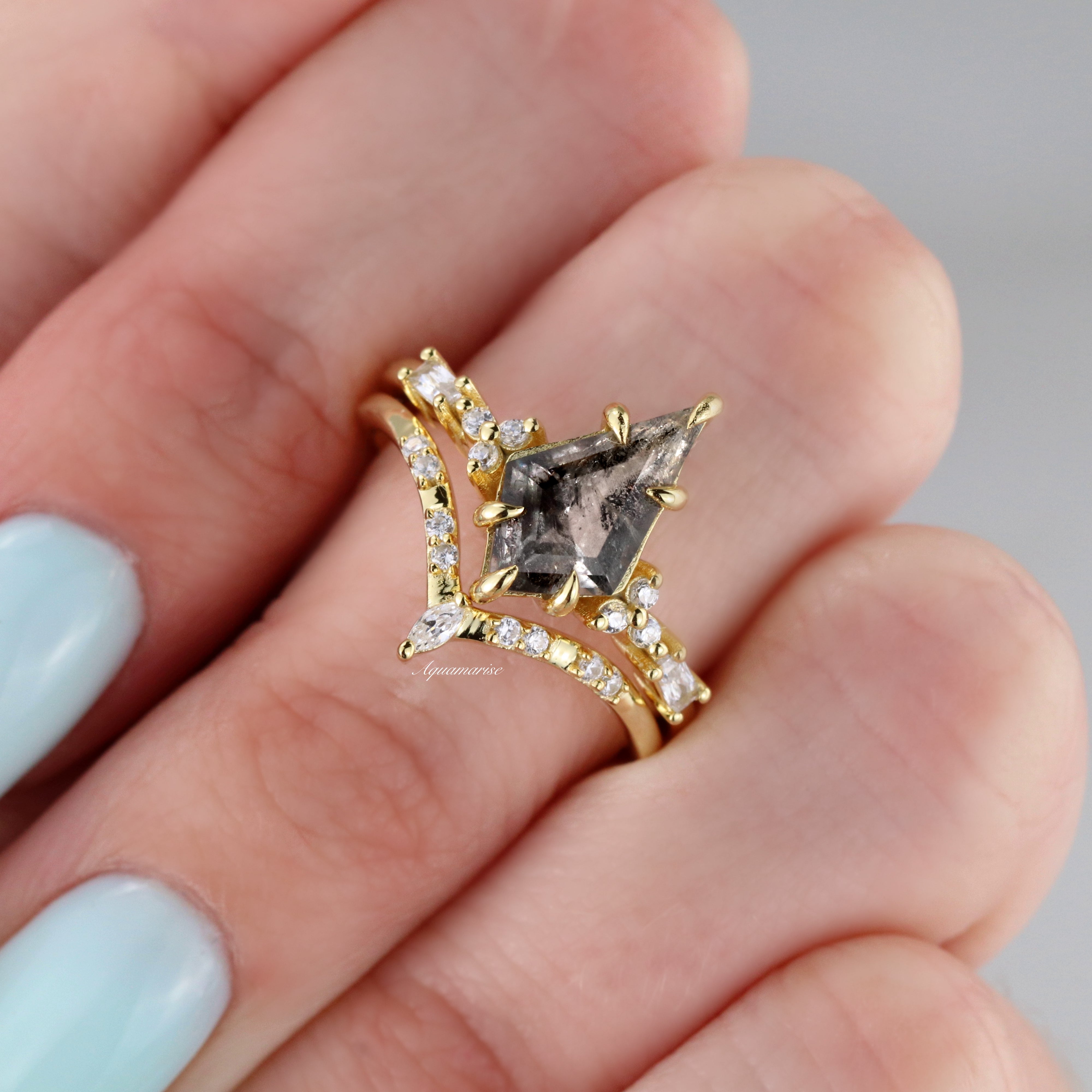Skye Kite™ 14K Yellow Gold Vermeil Herkimer Diamond Ring Set with Galaxy Raw Salt & Pepper Gemstones - Elegant Jewelry for Women, Perfect for Weddings, Anniversaries & Special Occasions
