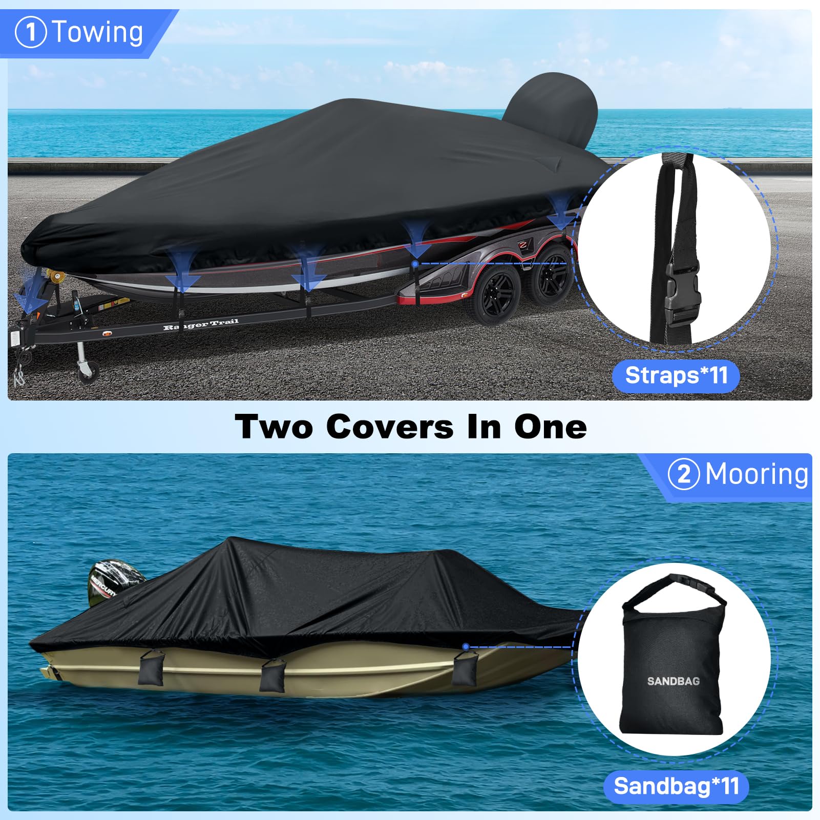 **16-18.5ft Heavy Duty 1200D Marine Canvas Boat Cover - Waterproof Bass Tracker Cover with Sand Bag Mooring Kit for V Hull & Runabout Boats (16ft, 17ft, 18ft) - Perfect for Outdoor Storage & Mooring Protection (Black)**