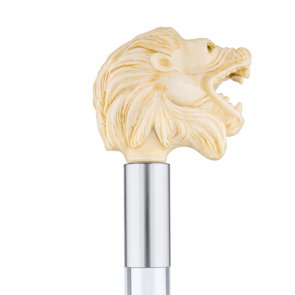 Faux Ivory Roaring Lion Knob Handle Walking Cane with Lucite Shaft & Collar - Elegant Mobility Aid for Seniors, Fashionable Support for Outdoor Walks & Special Occasions