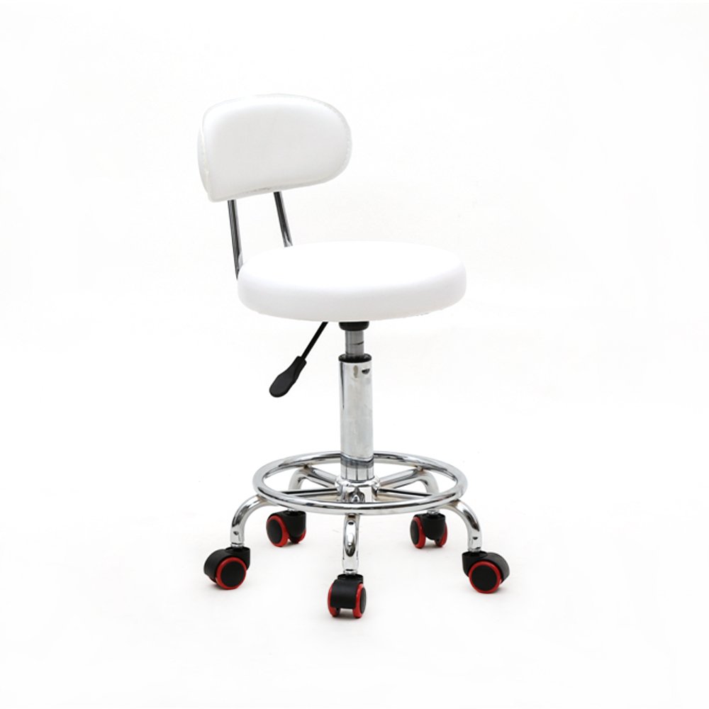 Adjustable Rolling Swivel Stool with Soft Backrest - 360° Swivel Wheels & Metal Frame for Salon, Bar, Spa, Medical, Home Office (White) - Perfect for Hair Styling, Makeup, Massage & Desk Work