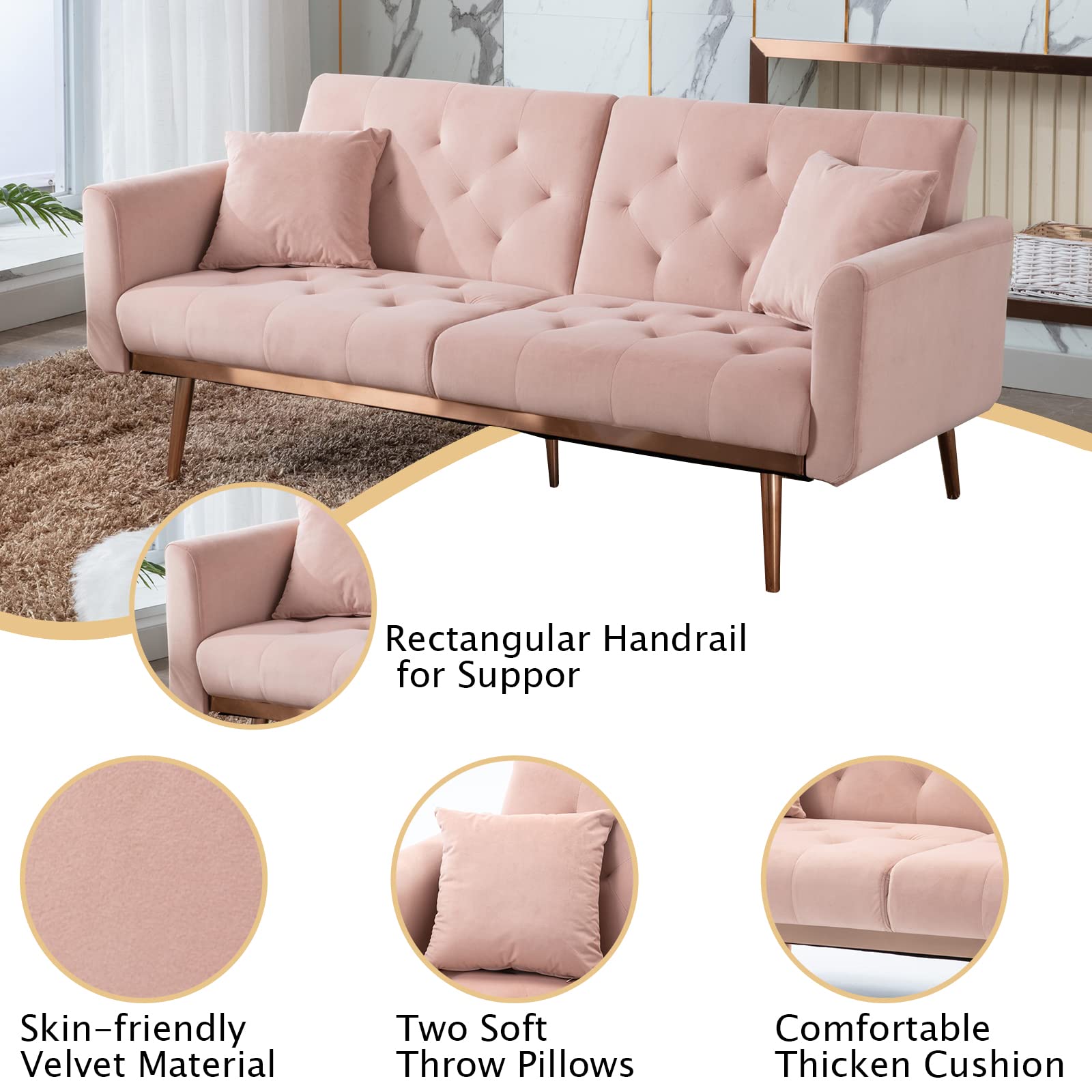 Velvet Accent Loveseat Sofa with Rose Gold Metal Legs - Convertible Sleeper Sofa Bed for Small Spaces, Pink Futon Couch with Split Back Design & 2 Pillows (63.8