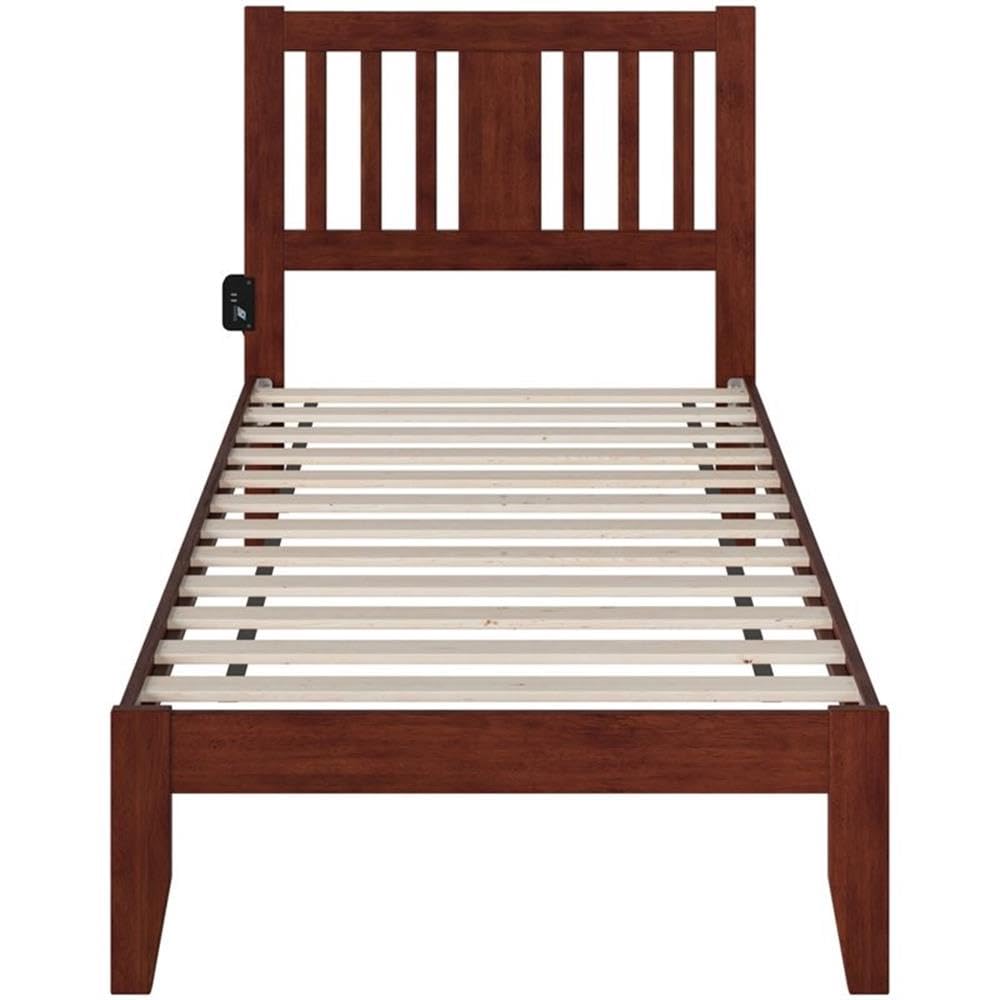BOWERY HILL Twin Spindle Bed Frame with USB Turbo Charger - Solid Walnut Wood Bed for Small Space - Perfect for Kids Room, Guest Bedroom & Dormitory