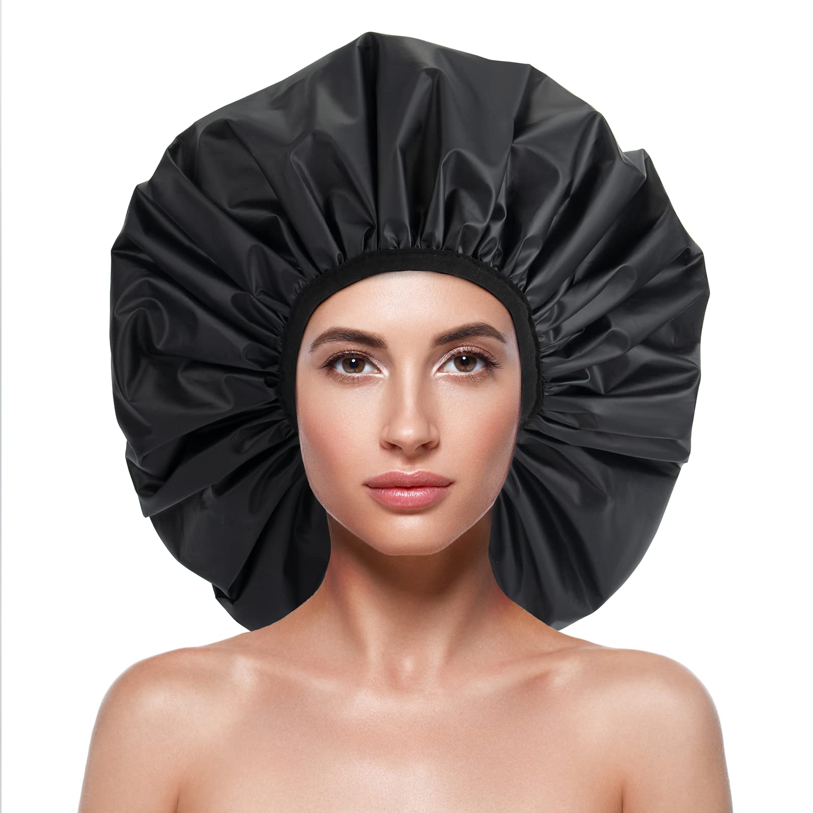 Extra Large Waterproof Shower Cap for Women & Men - Reusable EVA Plastic Bathing Hair Cover for Long Hair, Braids & Curly Styles (XL, Black) | Perfect for Showering, Spa, Swimming & Hair Treatments