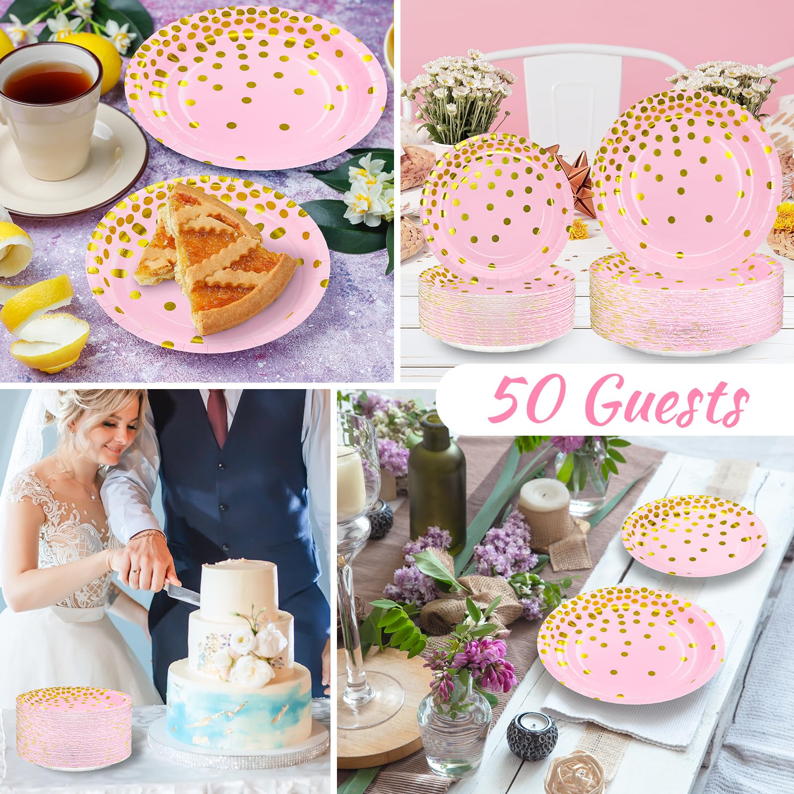 DYLIVeS 7 Inch Disposable Pink & Gold Metallic Foil Polka Dot Paper Plates - 50 Pack for Birthday, Bridal Shower, Easter, Graduation Party | Elegant Dessert & Cocktail Party Supplies | Perfect for Indoor/Outdoor Celebrations & Special Events