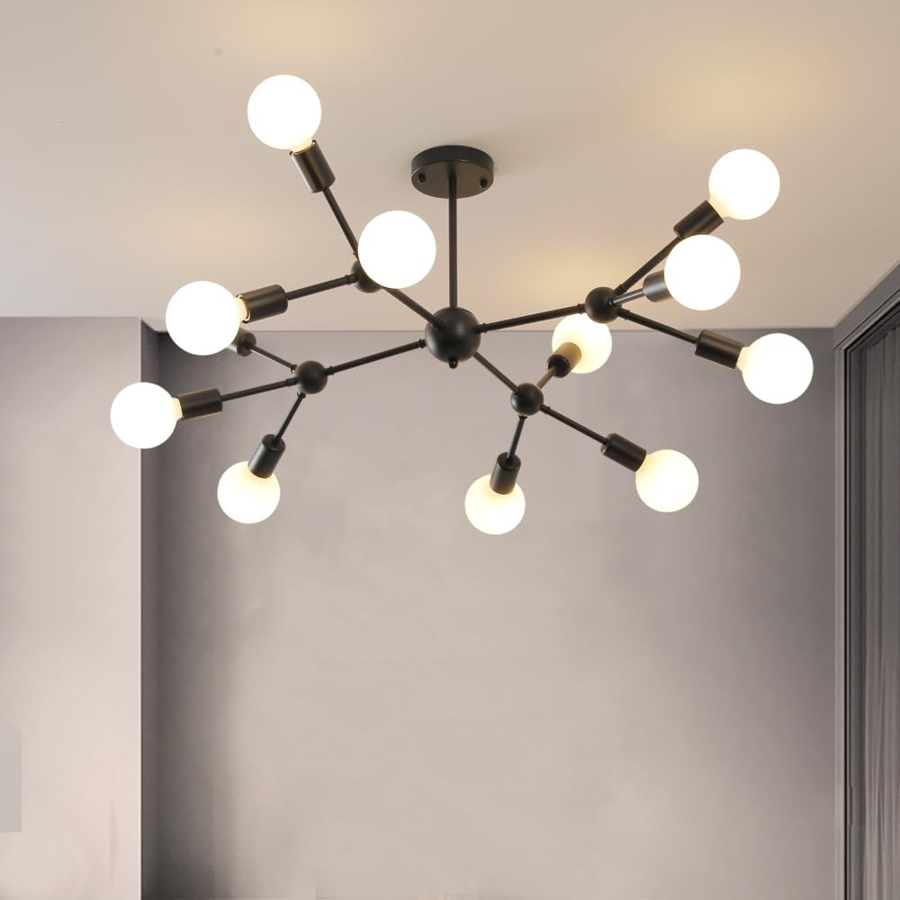 Modern Black Sputnik Chandelier - 12-Light Metal Ceiling Fixture with Pendant Lighting for Bedroom, Living Room, Dining Room | Stylish Mid-Century Lighting for Home & Office Decor