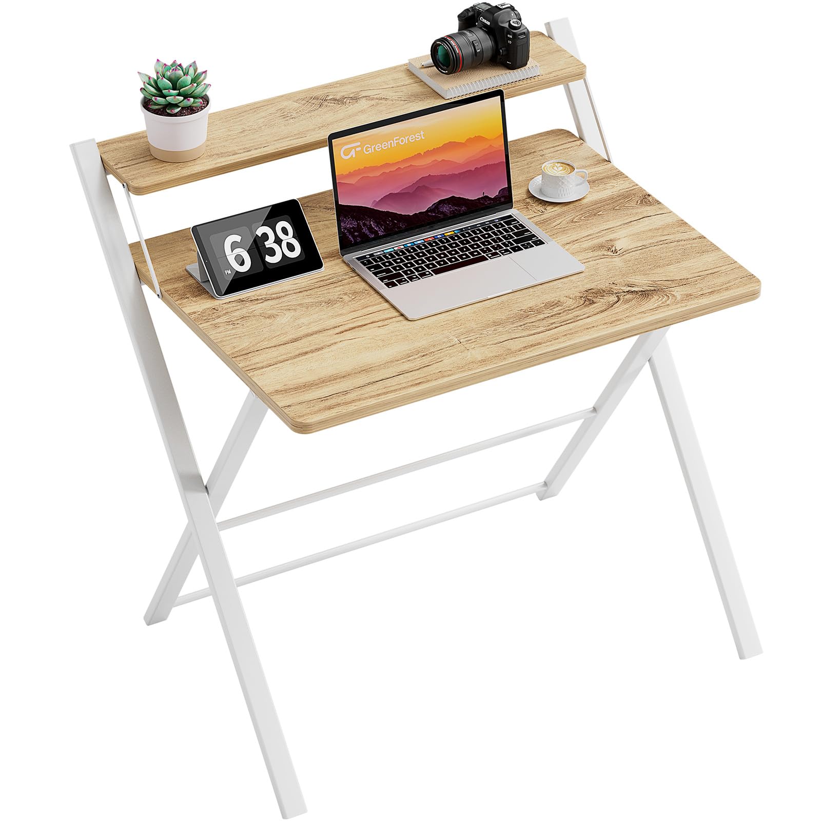 GreenForest Folding Desk - No Assembly Required Small Computer Desk with 2-Tier Shelf | Space Saving Portable Laptop Table for Home Office, Study & Small Spaces | Oak Finish | Perfect for Dorm Rooms, Apartments & Workspaces