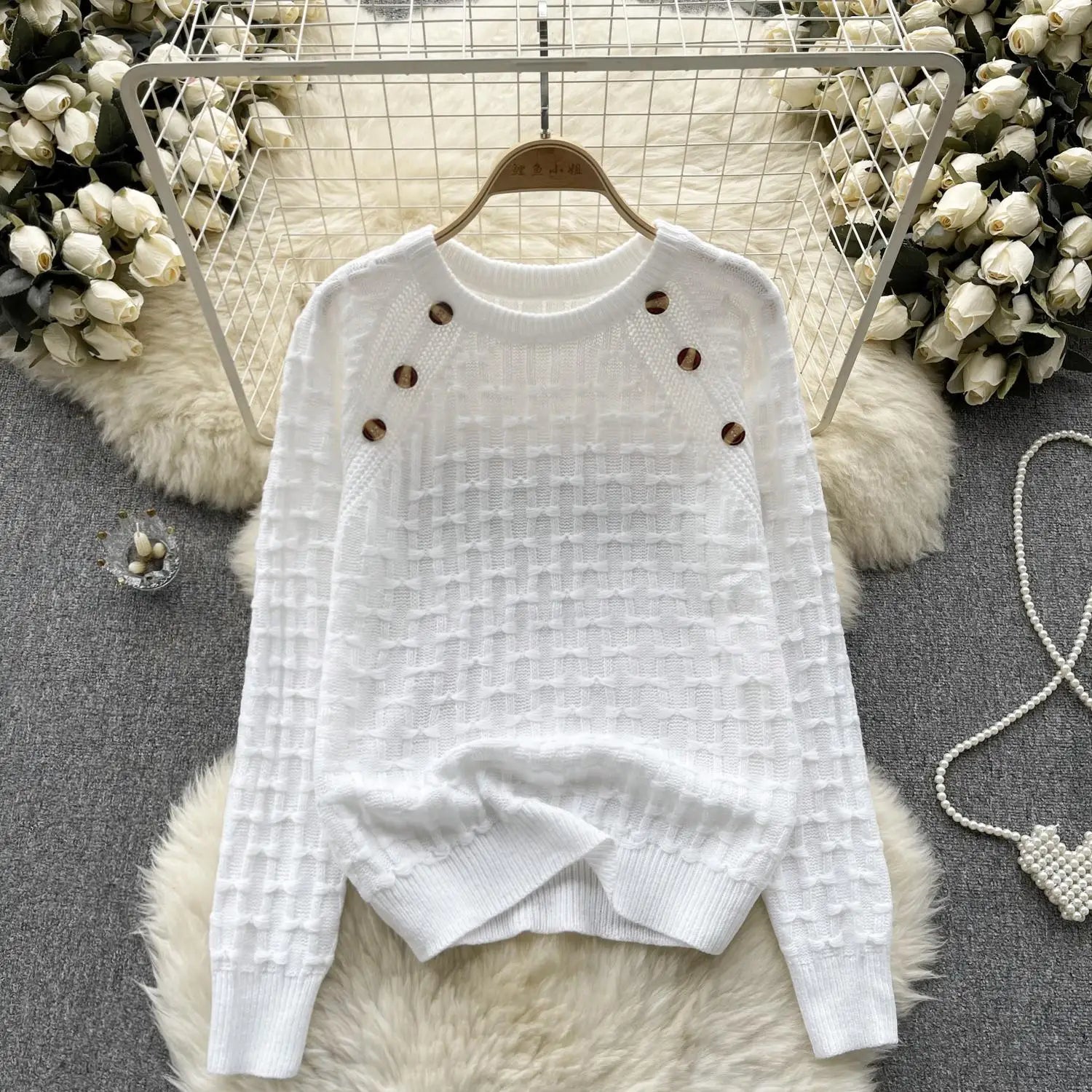 Women's Vintage White Long Sleeve Button-Up Sweater - Cozy Loose Knit Pullover with Bow Detail, Pink O-Neck Top for Fall Winter Fashion | Perfect for Office, Dating & Casual Outfits