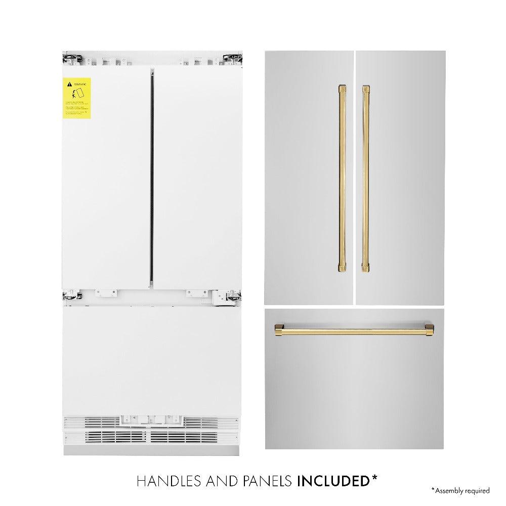 ZLINE Autograph Edition 36 Inch French Door Built-In Refrigerator with Bottom Freezer - 19.6 cu.ft Capacity, Stainless Steel with Polished Gold Accents, Water Dispenser & Ice Maker - Perfect for Modern Kitchens & Luxury Homes (RBIVZ 304 36 G)