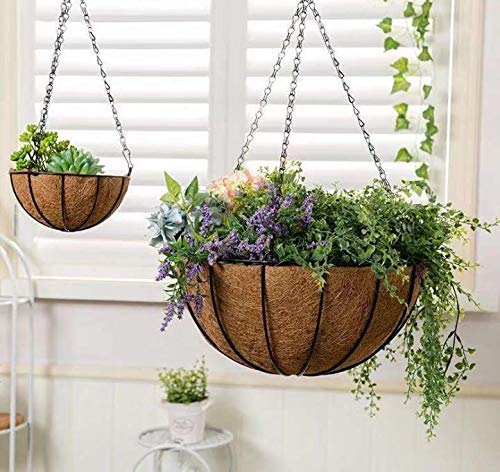 Kingbuy 12 Inch Metal Hanging Basket with Coconut Liner - Wire Planter for Indoor/Outdoor Plants, Flowers & Herbs - Perfect for Patio, Garden, Balcony & Home Decor