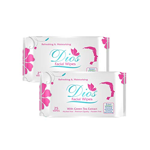 Dios Daily Cleansing Face Wipes with Green Tea Extract & Vitamin E - 25 Count (Pack of 2) | Gentle Makeup Remover & Skin Refreshing Wipes for Travel, Gym & On-The-Go Skincare