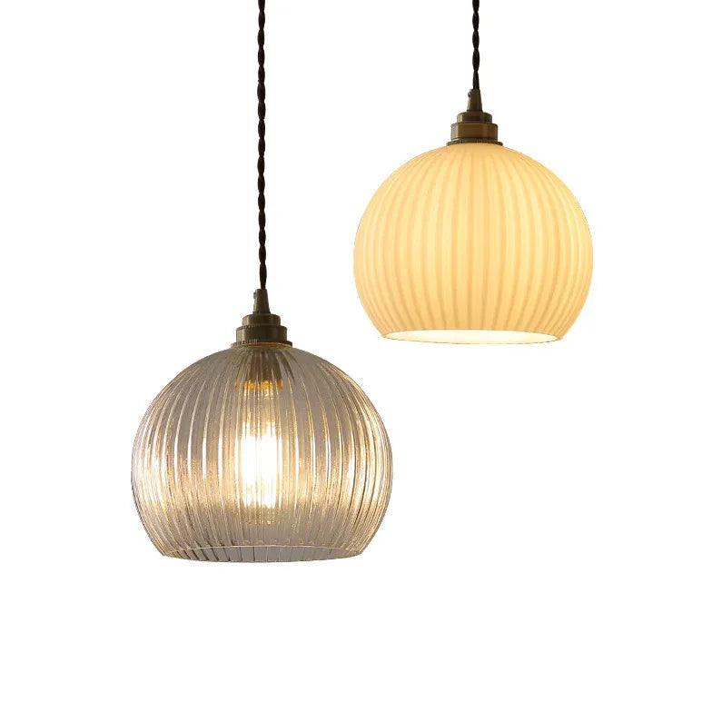 Modern Spherical Glass Striped Minimalist Pendant Light - Elegant Hanging Fixture for Dining Room, Kitchen Island, or Living Room Decor