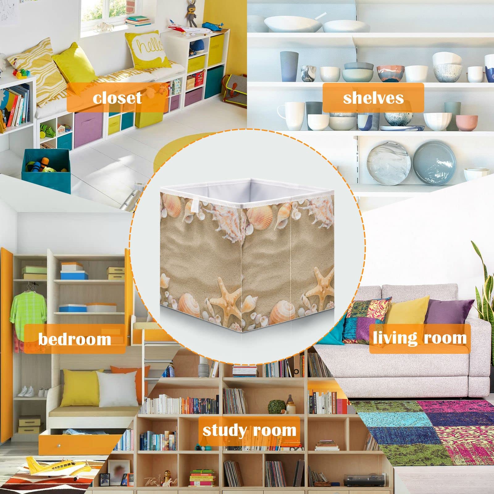 Foldable Collapsible Seashell Starfish Storage Baskets - 11x11 Inch Fabric Storage Bins for Shelves, Pantry, Closet & Office Organization | Perfect for Toys, Books, Clothes & Home Decor