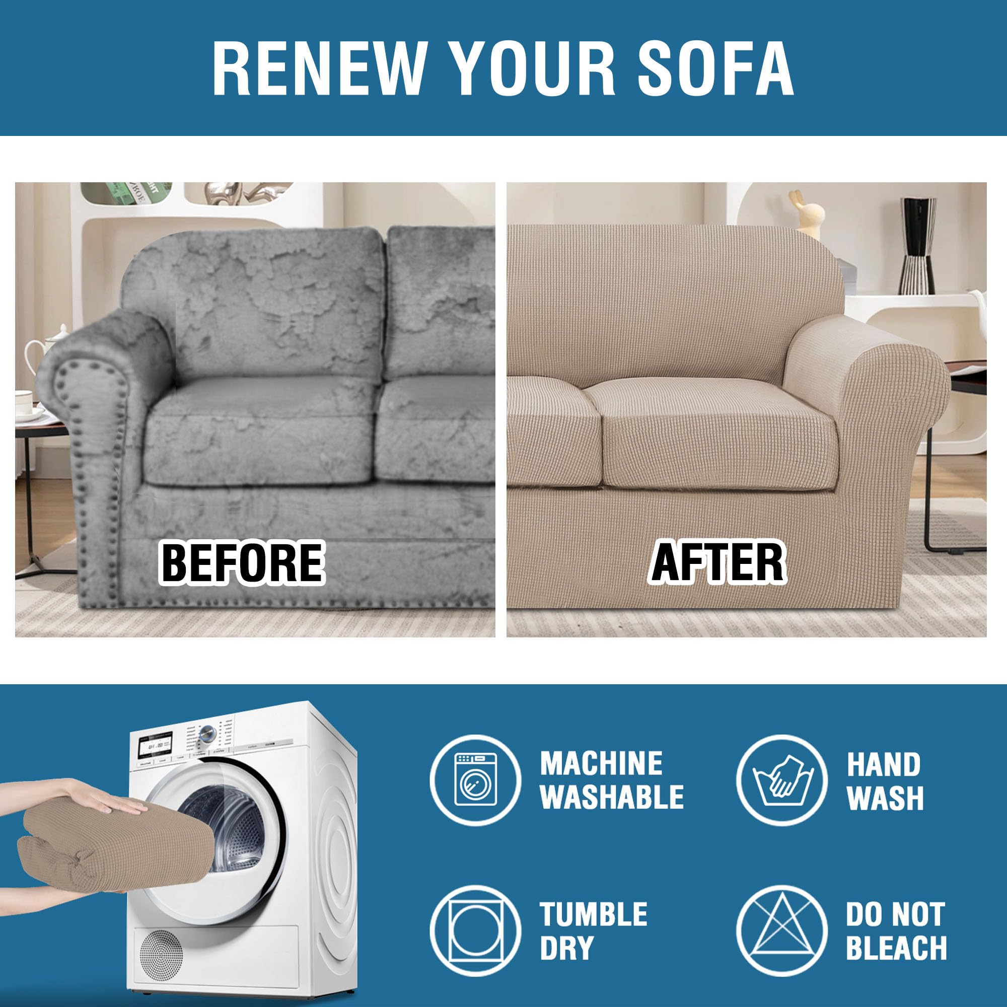 H.VERSAILTEX 4-Piece Stretch Sofa Cover Set - Jacquard Fabric Couch Covers for 3-Cushion Sofa & 2-Cushion Loveseat, Thick Durable Slip-Resistant Furniture Protector (Sand Color) - Perfect for Living Room, Family Room, and Pet-Friendly Homes