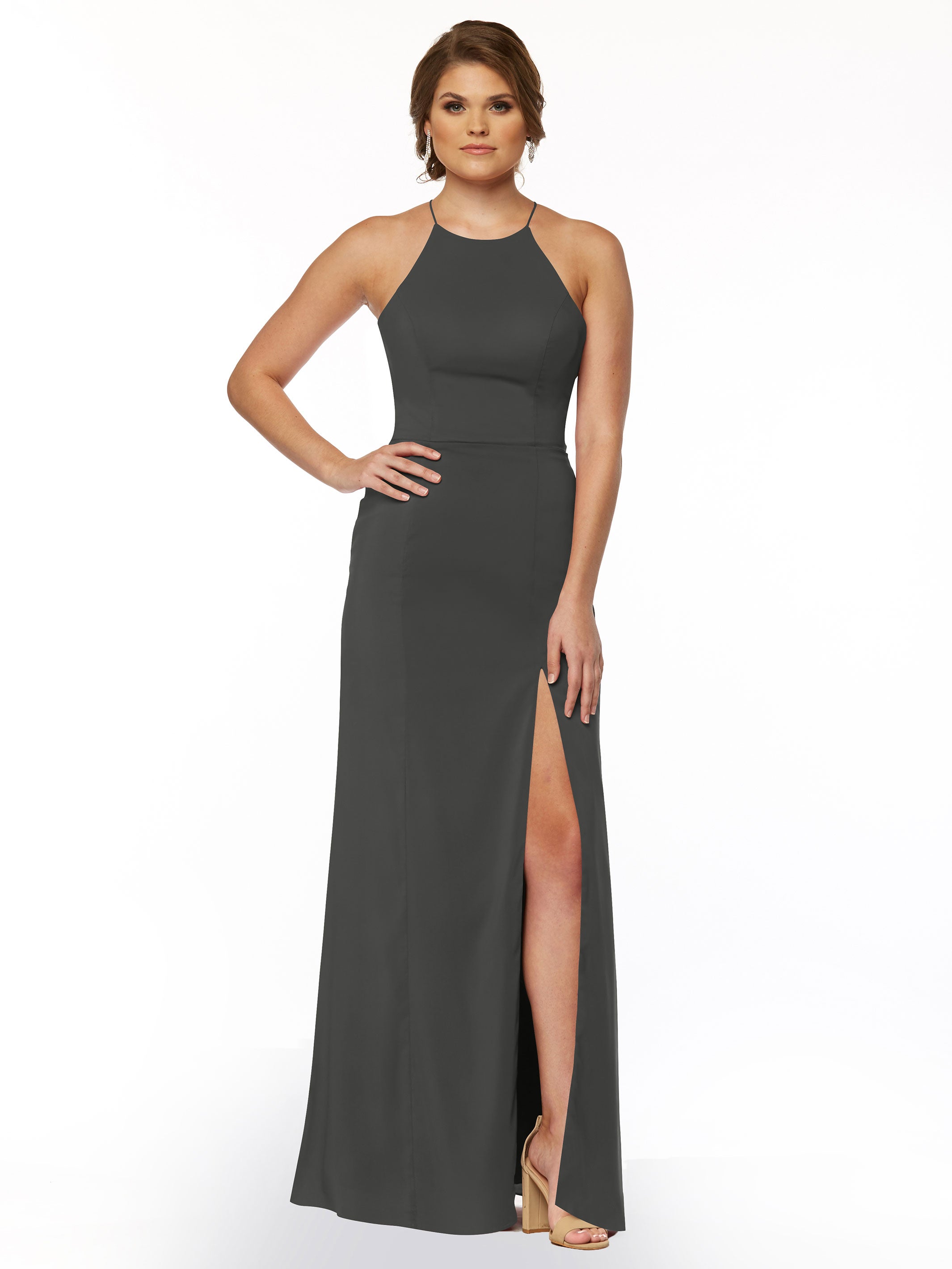 Elegant 83026 Sheath Stretch Chiffon Bridesmaid Dress with Halter Neckline & High Slit - Perfect for Weddings, Formal Events & Evening Parties