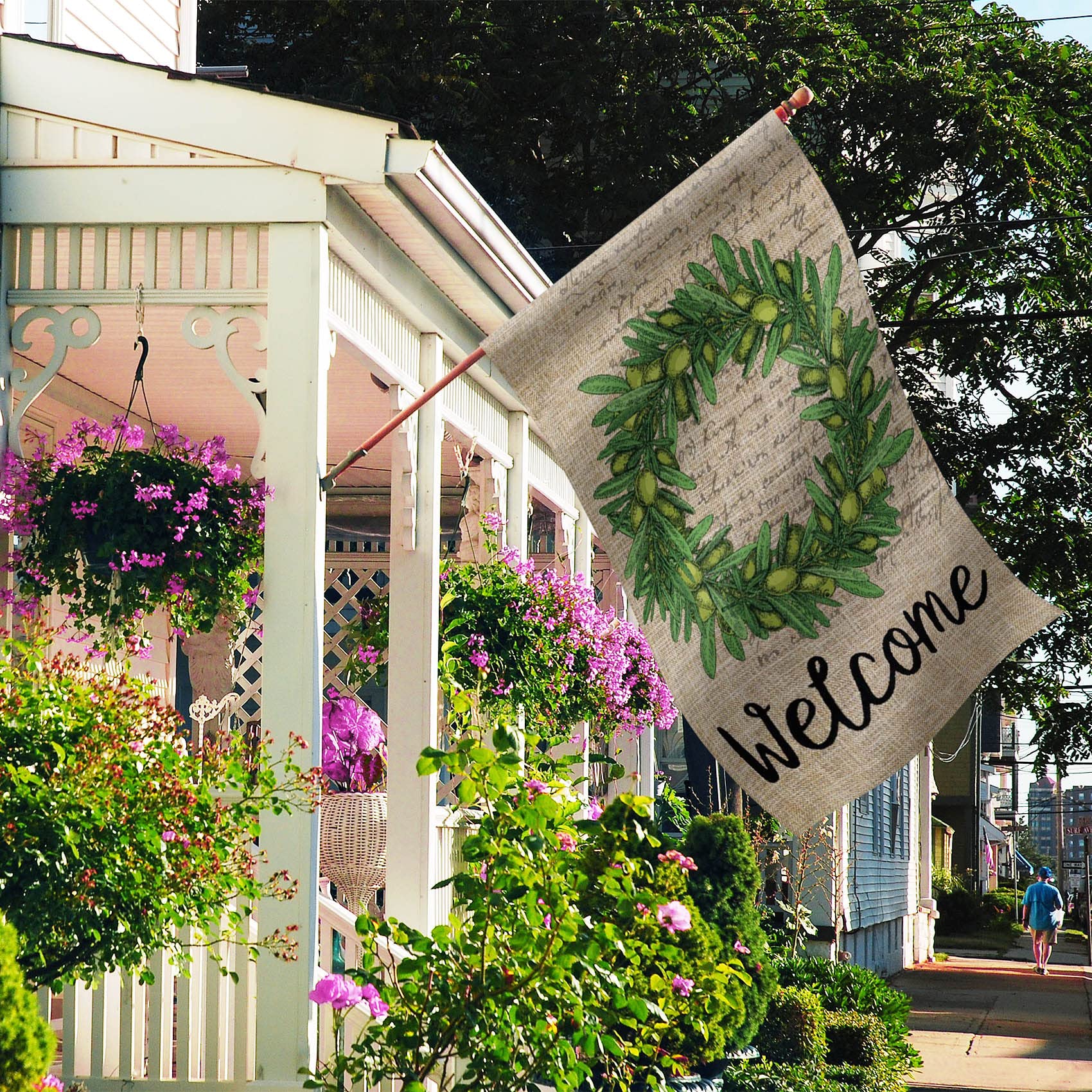 Morigins Welcome Olive Wreath Double-Sided House Flag 28x40 Inch - Summer Outdoor Yard Decor for Porch, Garden & Seasonal Home Decoration