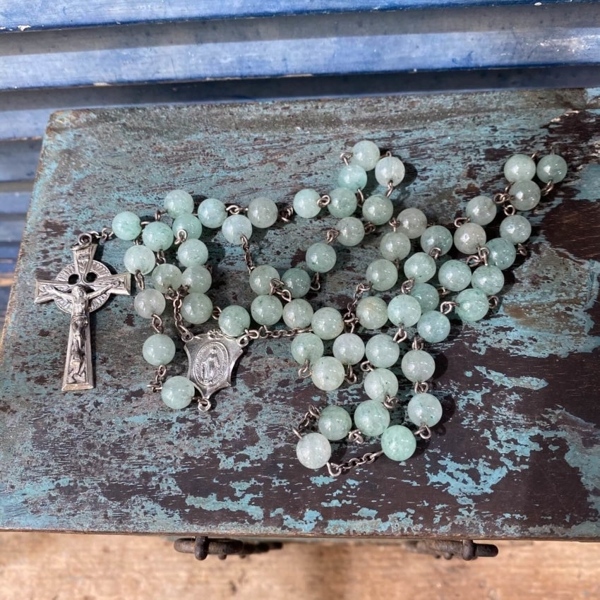 Vintage Sterling Silver Green Jade Bead Rosary Necklace - Elegant Catholic Prayer Beads for Chapel, Meditation & Spiritual Gifts