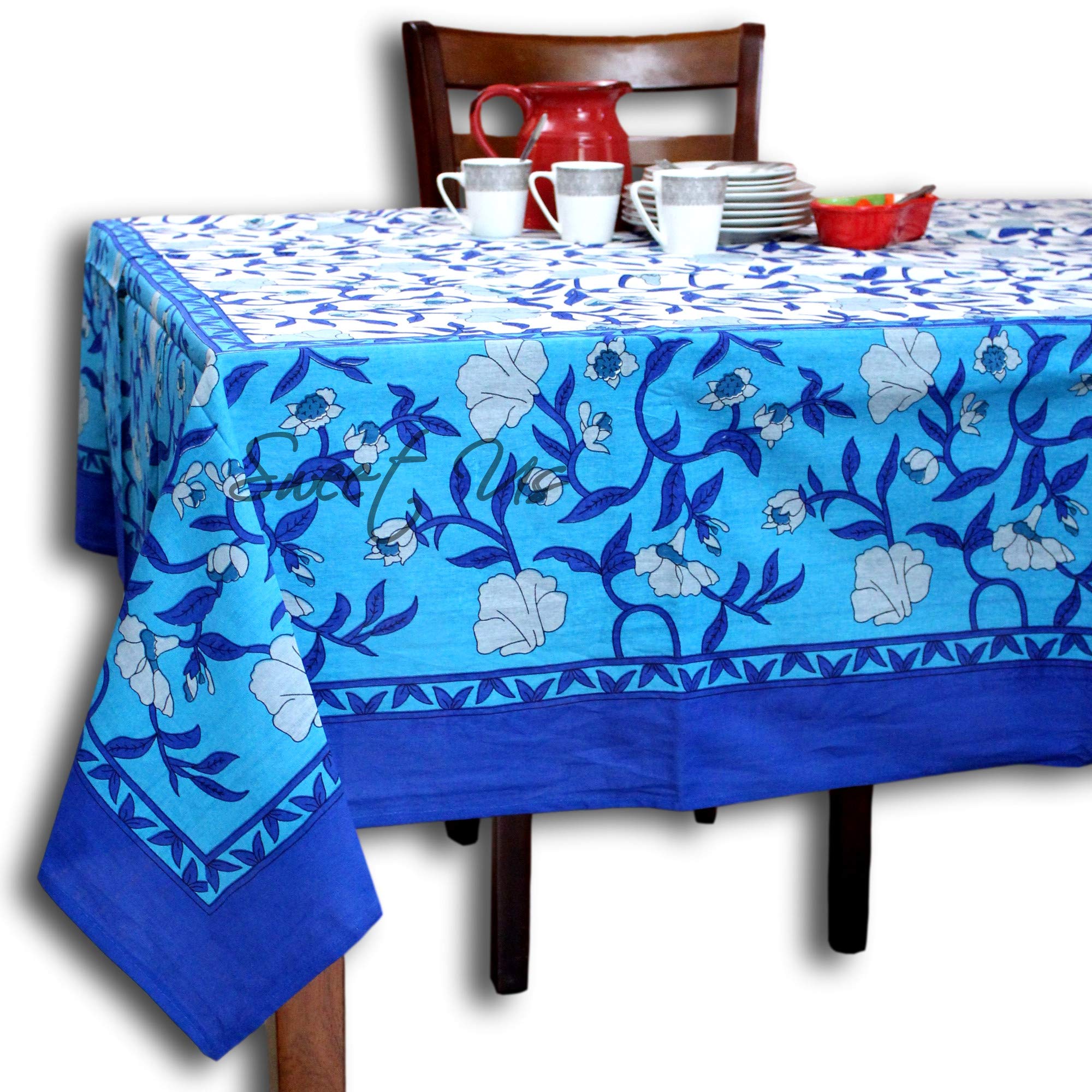 Premium Cotton Floral Tablecloth - 70 x 104 Inch Rectangle Table Cover in White Blue Gray Vine Pattern - Waterproof & Wrinkle-Resistant for Dining Room, Patio, Wedding & Outdoor Parties