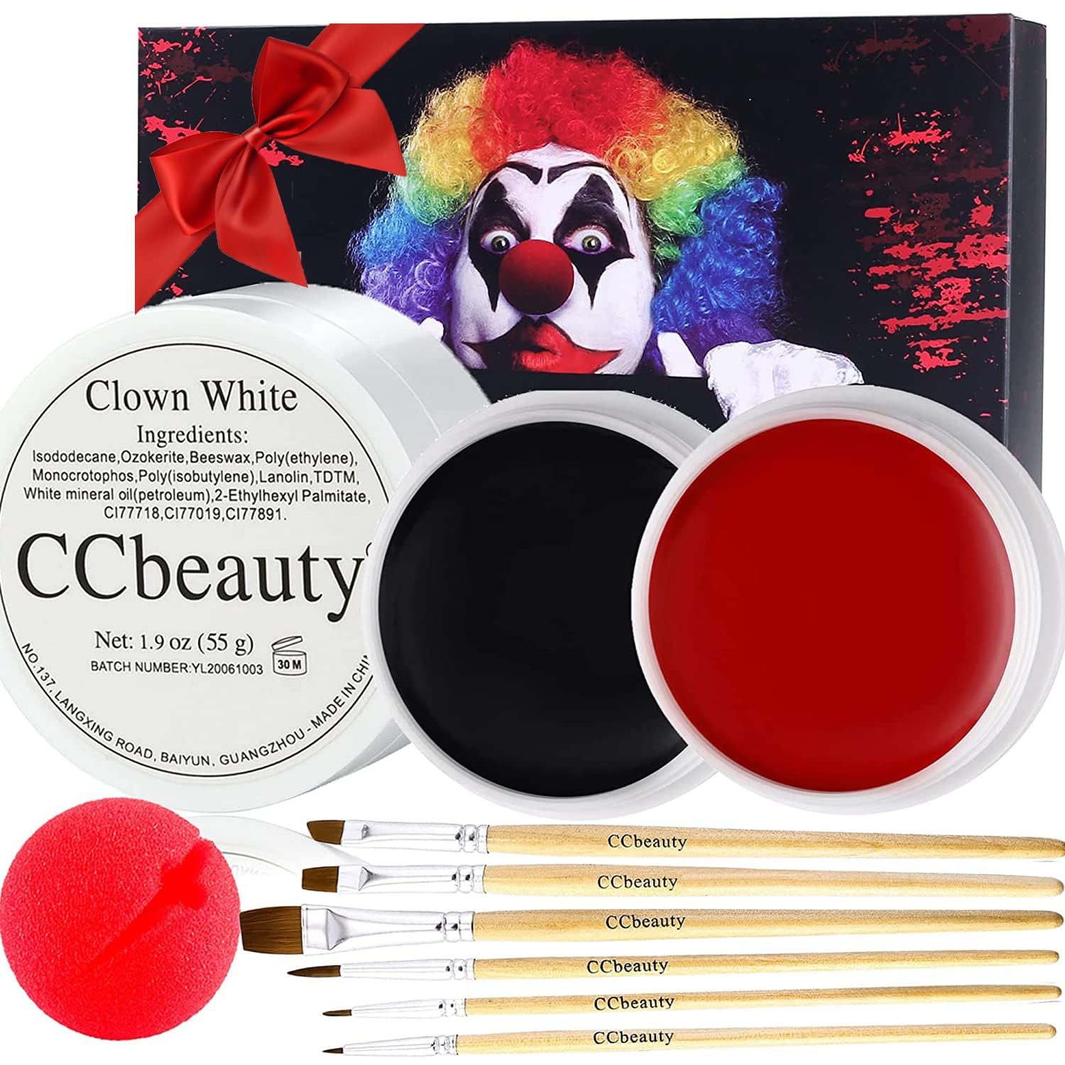 CCbeauty Professional Clown Makeup Kit - White, Black & Red Face Paint with 6 Wooden Brushes, Red Nose & Foundation Cream | Perfect for Joker Costume, Vampire Halloween & Cosplay Dress Up