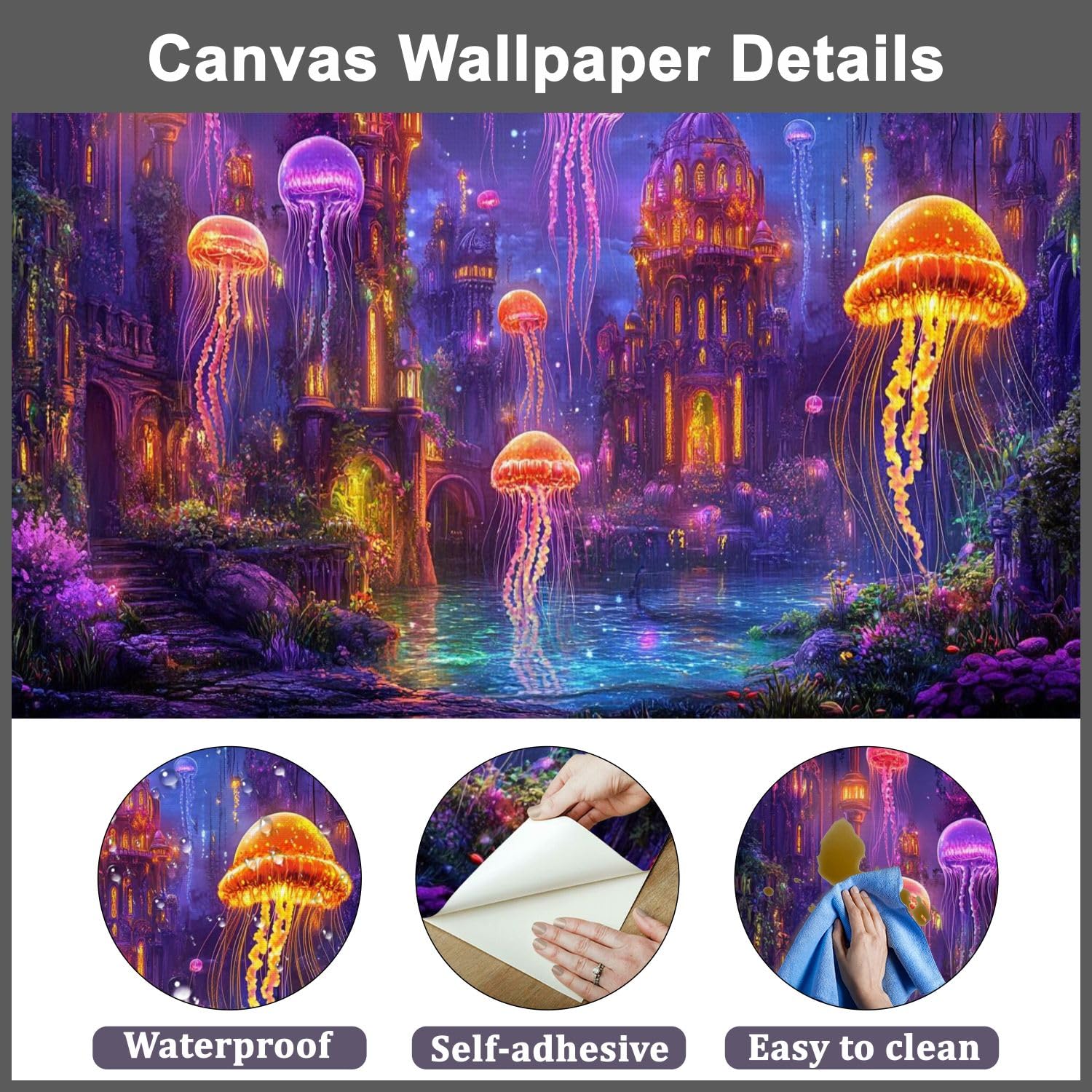 Modern Peel and Stick Wallpaper Mural - Jellyfish Fantasy Glow Lights Self-Adhesive Removable Wall Stickers for Kids Room, Living Room & Bedroom (100''x144'') - Perfect for Birthday & Christmas Gifts, TV Background & Home Decor