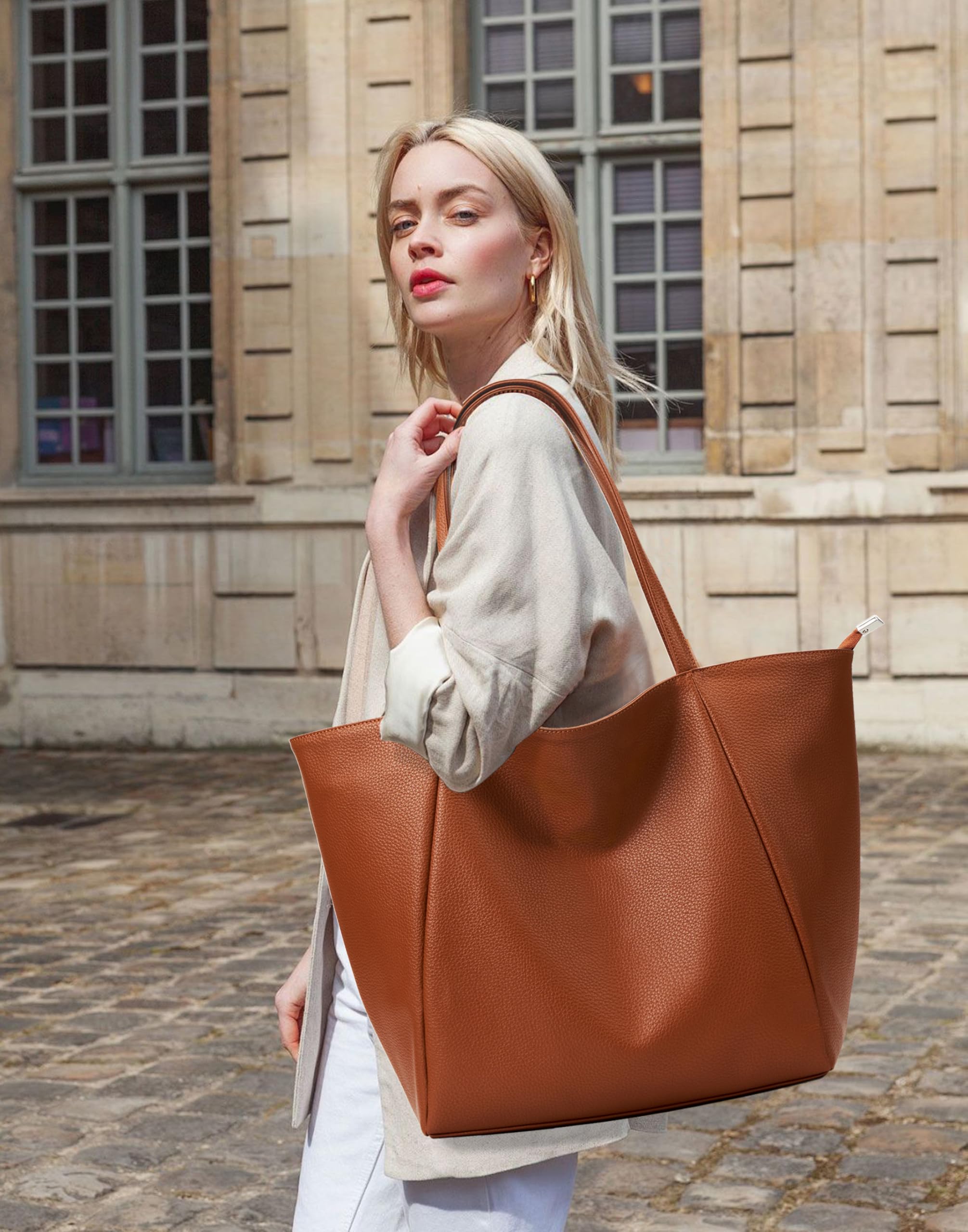 Vegan Leather Large Tote Bag for Women - 23L Oversized Work Bag with Zipper, Casual Weekender & Travel Shoulder Purse - Perfect for Office, Commuting, Weekend Getaways and Daily Essentials