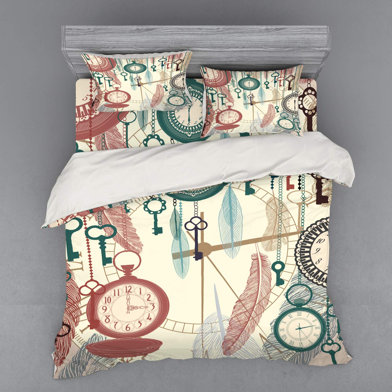 Ambesonne Antique 4-Piece King Size Bedding Set - Vintage Pocket Watches with Feather & Old Key Design, Time Flies Art Theme Duvet Cover with Shams & Fitted Sheet | Perfect for Vintage Themed Bedrooms, Guest Rooms & Cozy Home Decor