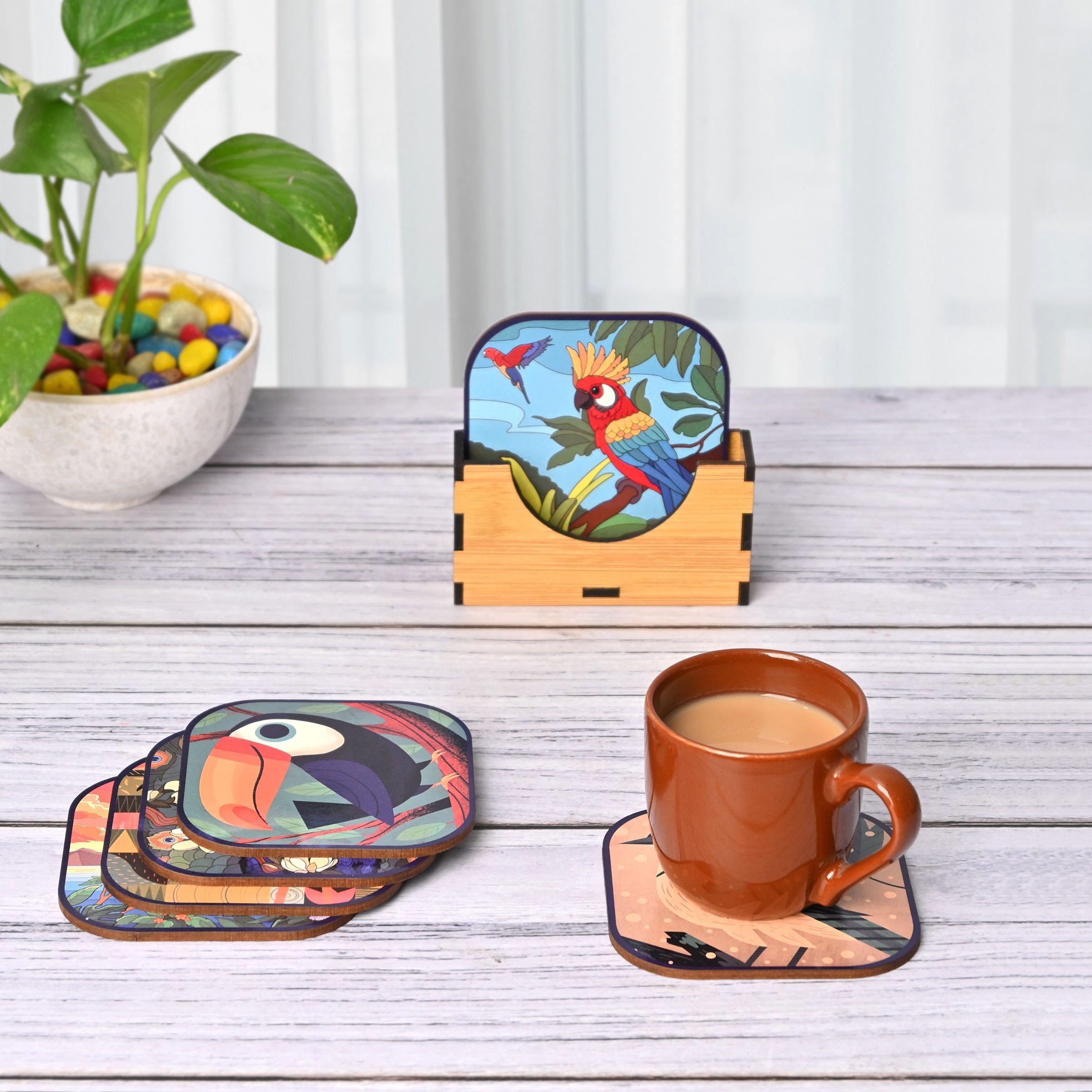 GKD Set of 6 Wooden Coasters with Birds Design - 3.8 x 3.8 Inch Eco-Friendly Drink Coasters for Tea Cups, Coffee Mugs & Glasses - Perfect for Home, Office & Restaurant Use
