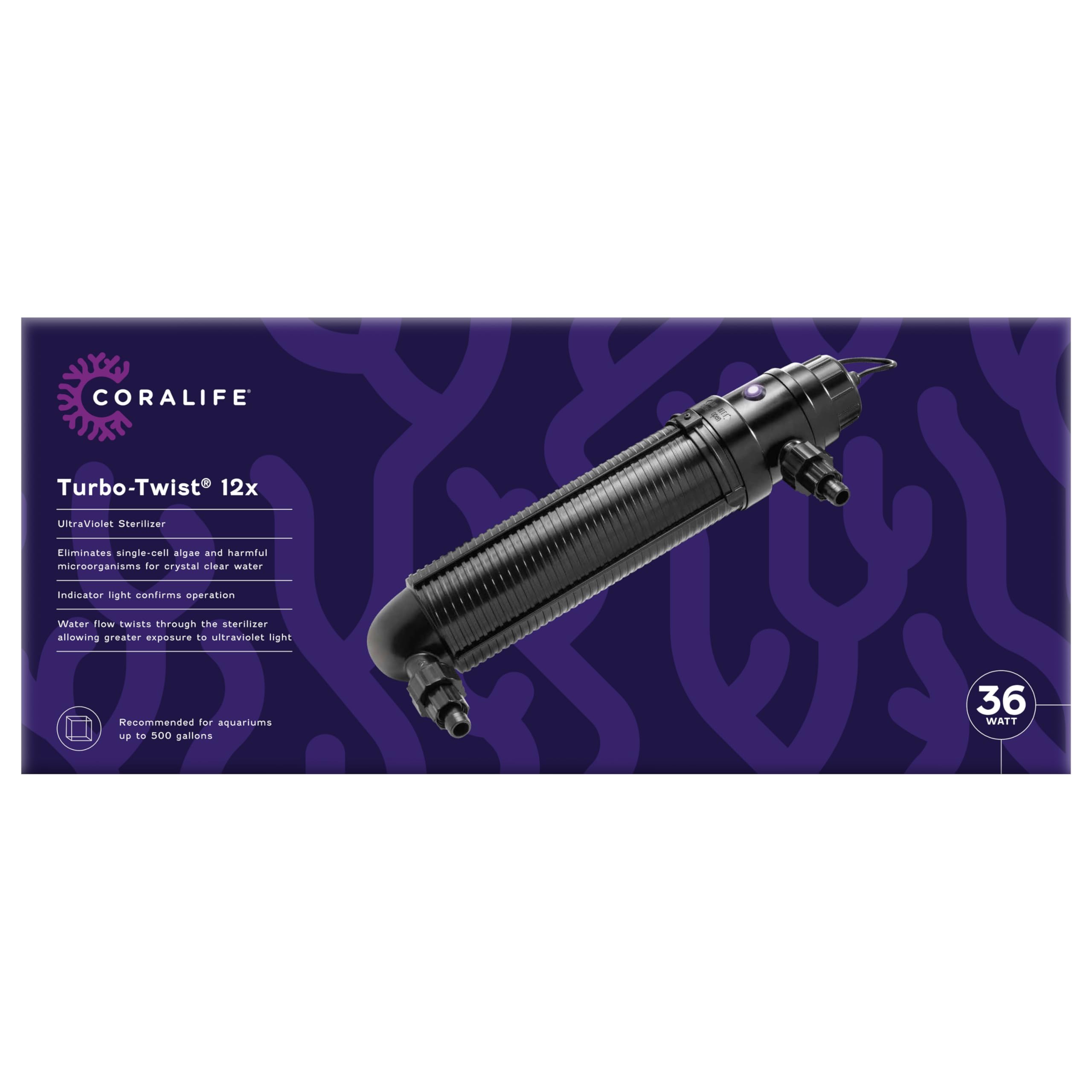 Coralife Turbo-Twist 12X UV Sterilizer for Saltwater Aquariums up to 500 Gallons - Marine Fish Tank Water Purifier for Reef & Coral Tanks