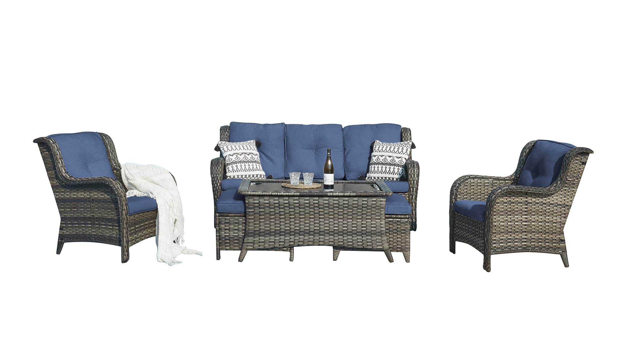 6-Piece Outdoor Patio Wicker Furniture Set - Rattan Sectional Sofa with 3-Seat Couch, 2 Armchairs, 2 Ottoman Footrests & Glass Top Coffee Table - Grey/Blue - Perfect for Backyard, Garden, Poolside & Outdoor Conversations