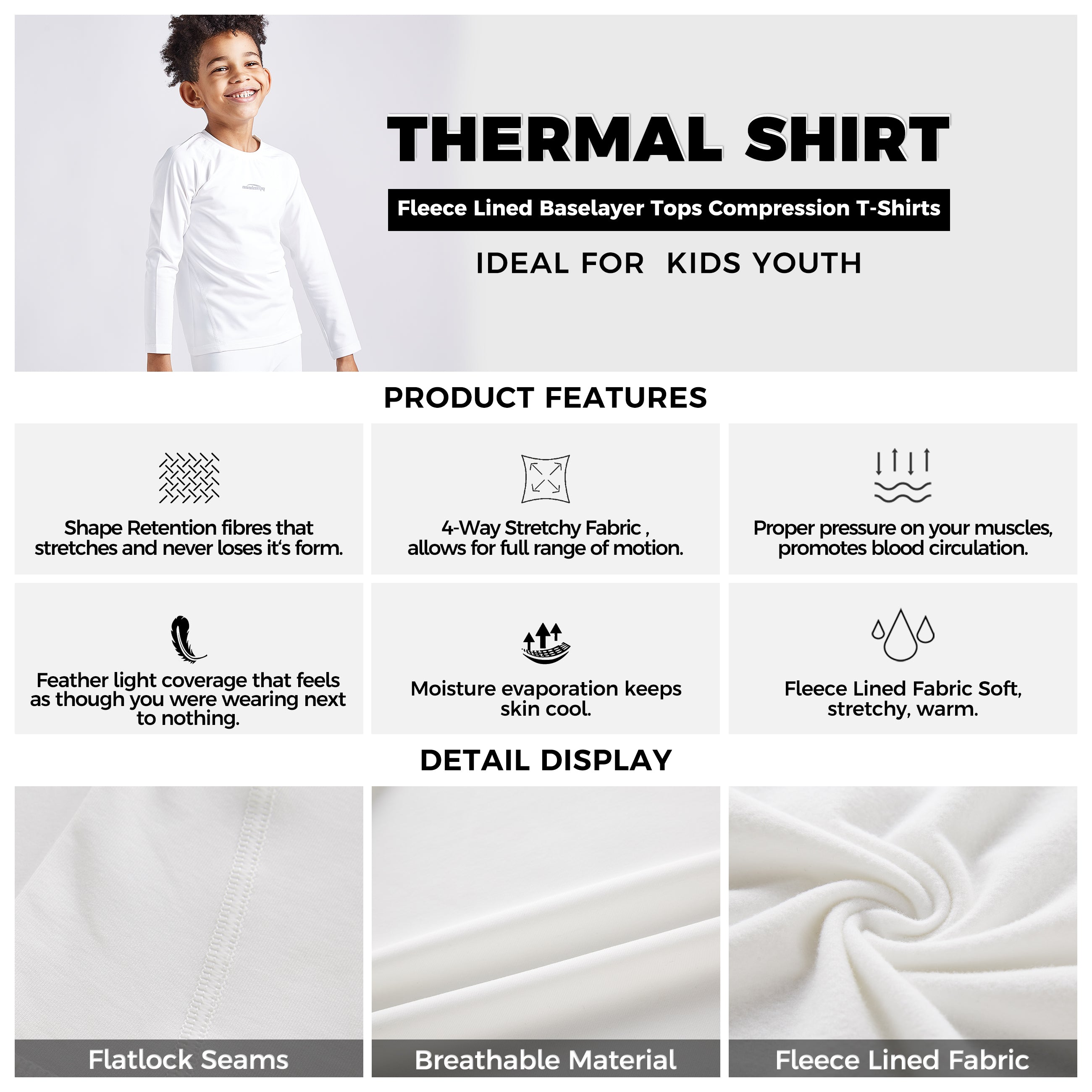 Kids' White Thermal Compression Top & Bottom Set for Boys & Girls - Cold Weather Base Layer for Outdoor Sports & Winter Activities