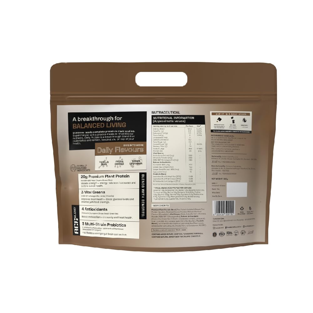 Ace Blend 20g Premium Plant-Based Protein Powder with Superfoods (15 Servings) | Raw Chocolate Flavor | Daily Protein Supplement | 4 Vital Greens & 4 Antioxidants | 3 Probiotics for Gut Health | Vegan & All Ages | Perfect for Smoothies, Post-Workout Recovery & Healthy Breakfast