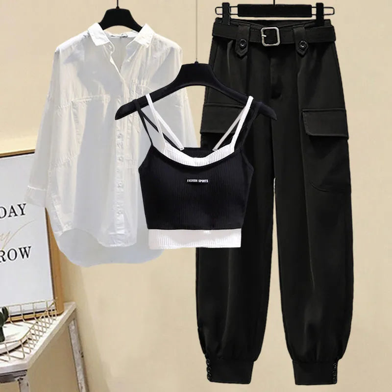 Stylish Autumn Women's 3-Piece Outfit Set - Loose Casual Shirt, Personalized Bra & Wide Leg Trousers | Office Wear, Business Casual, Fall Fashion Essentials