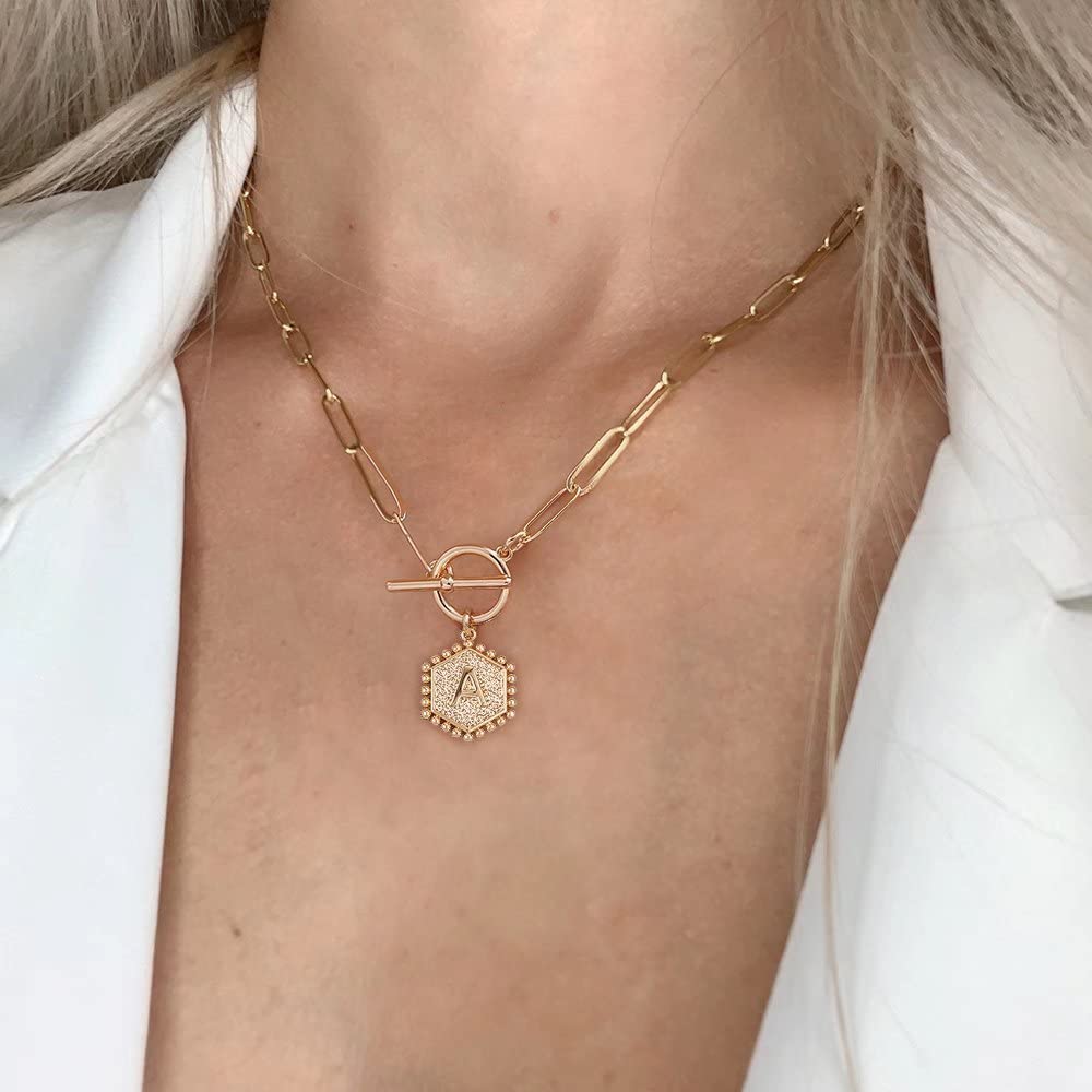 14K Gold Plated Layered Necklace for Women - Rose Gold & Silver Paperclip Chain with Toggle Clasp, Initial Pendant | Elegant Everyday Jewelry for Work, Date Night & Special Occasions