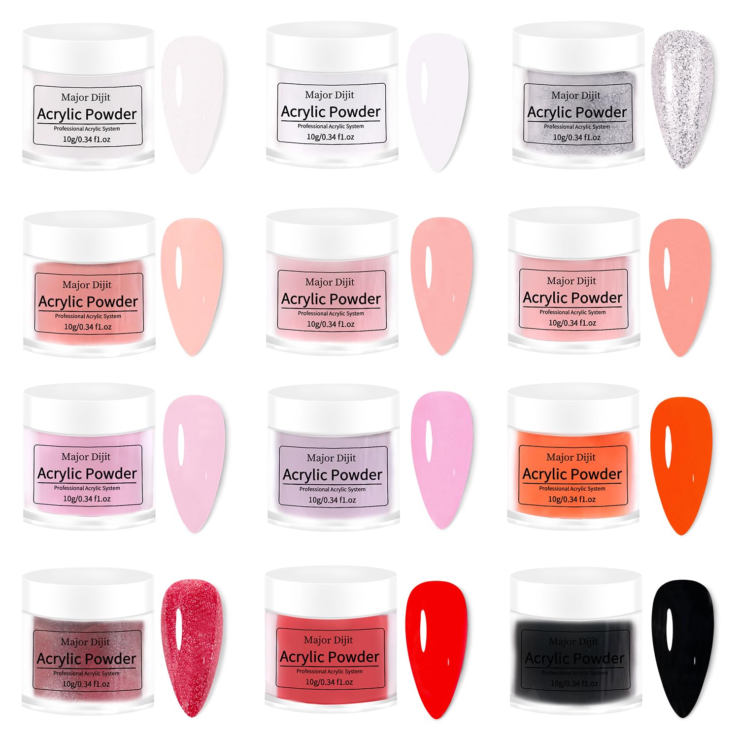 Professional Major Dijit Acrylic Nail Kit with 48W LED Nail Lamp - 12 Colors Acrylic Powder, Liquid, Top Coat, Base Coat & Nail Primer - Electric Nail Drill for Gel Nails - Complete DIY Nail Art Starter Kit for Salon & Home Manicures