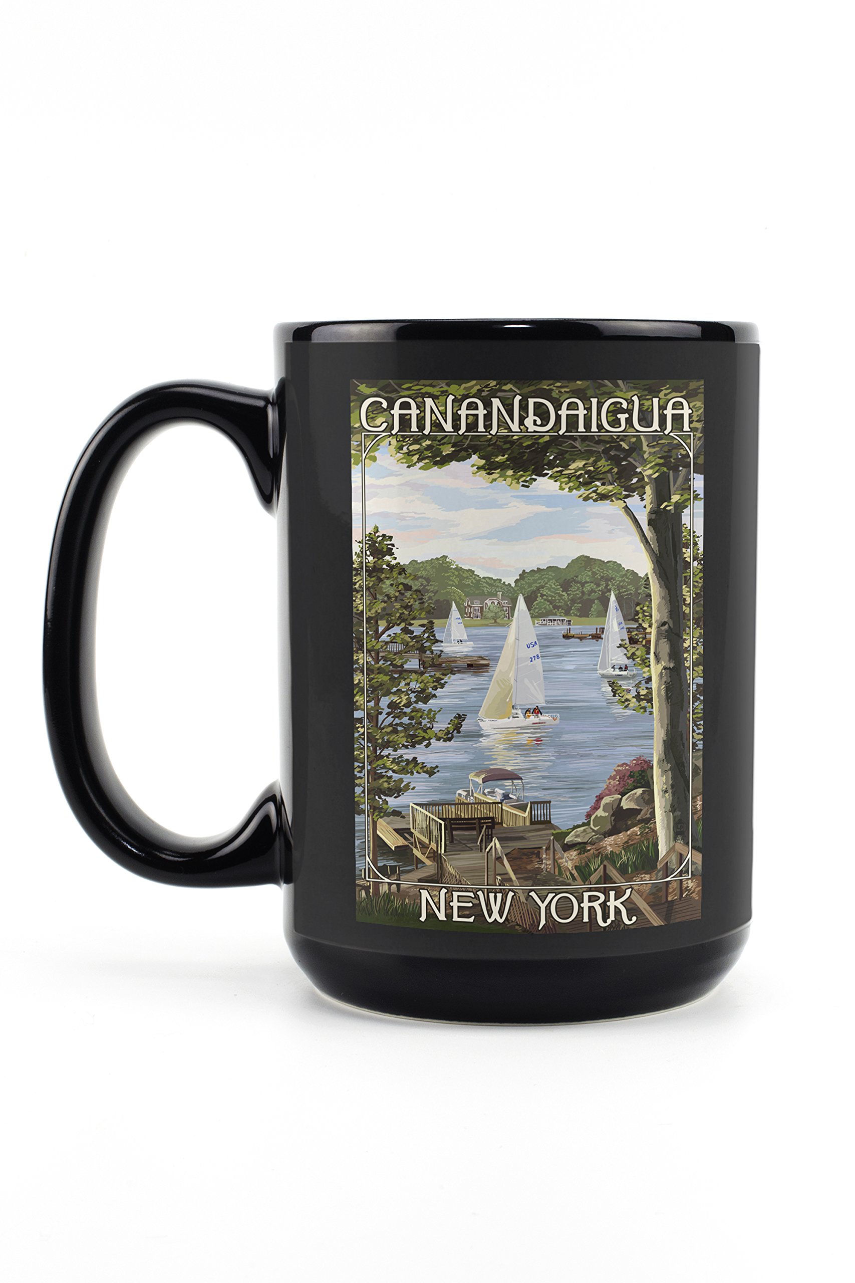 Lantern Press Canandaigua New York Lake View with Sailboats - 15oz Black Ceramic Coffee Mug & Tea Cup, Dishwasher & Microwave Safe - Perfect for Home, Office or Camping Use