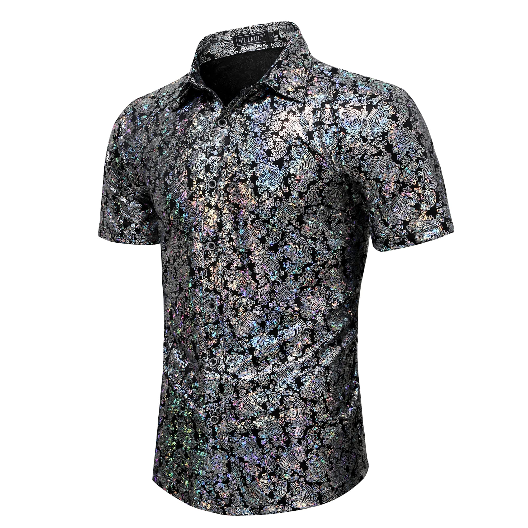 WULFUL Men's Disco Shirt with Sequins - 70s Style Short Sleeve Button Down Party Shirt for Costume, Nightclub, and Themed Events